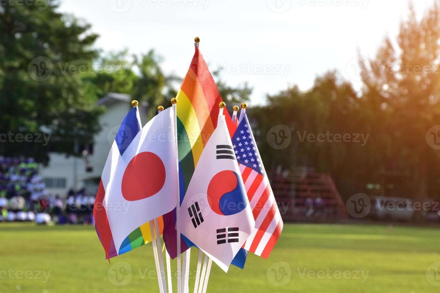 drapeaux arc-en-ciel et drapeaux de nombreux pays devant la pelouse verte de l'école asiatique, concept pour la célébration des sexes lgbtq dans le mois de la fierté à travers le monde, mise au point douce et sélective. photo