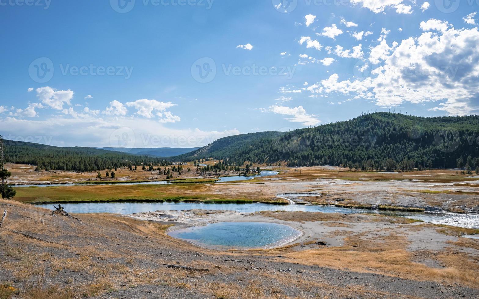 vue sur la source chaude dans le bassin de geyser du parc Yellowstone avec ciel en arrière-plan photo