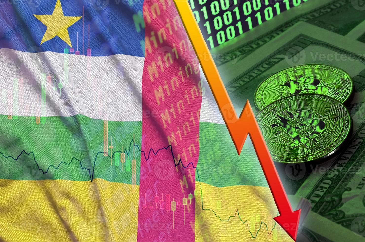 drapeau de la république centrafricaine et tendance à la baisse de la crypto-monnaie avec deux bitcoins sur des billets d'un dollar et affichage du code binaire photo