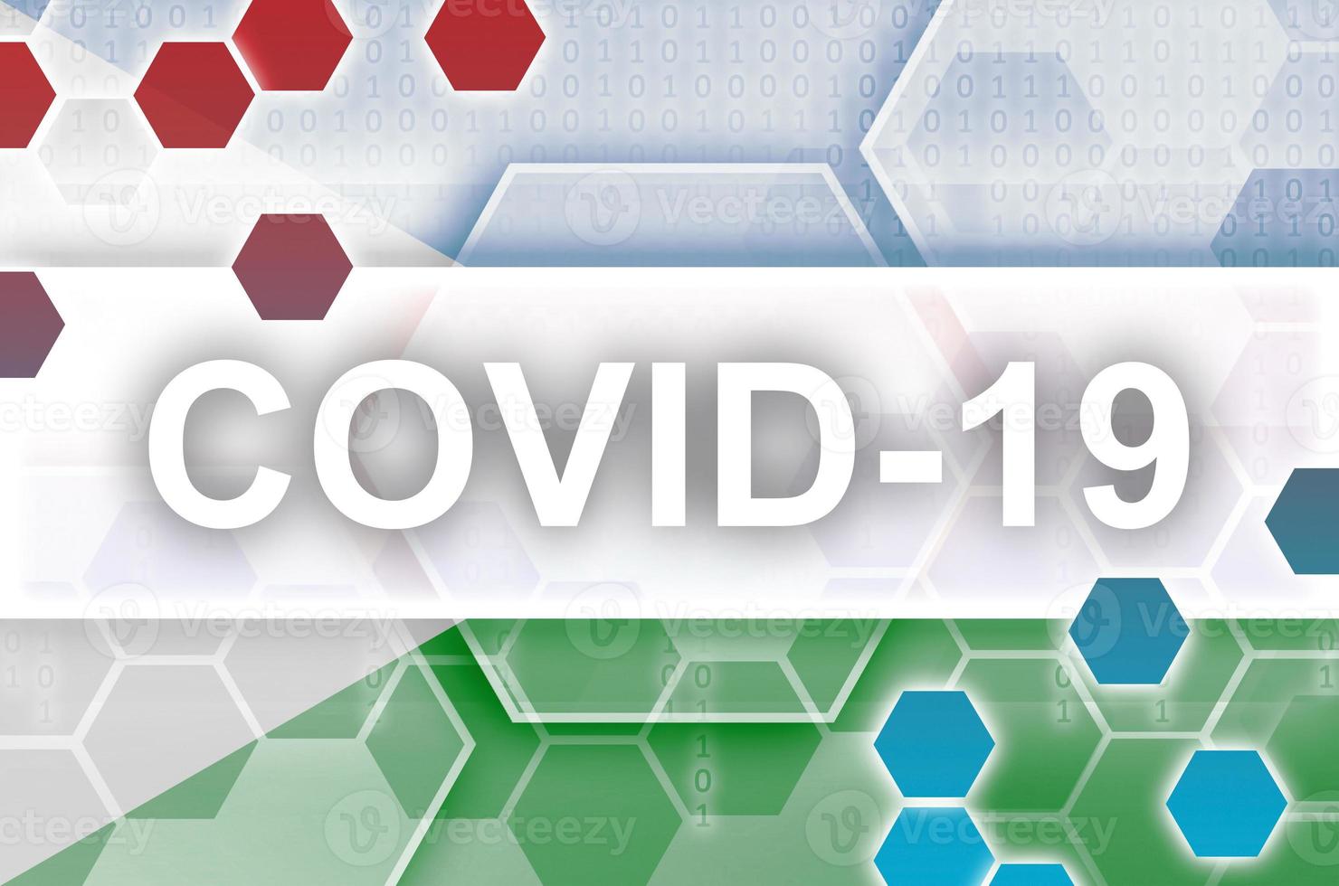 drapeau djibouti et composition abstraite numérique futuriste avec inscription covid-19. concept d'épidémie de coronavirus photo