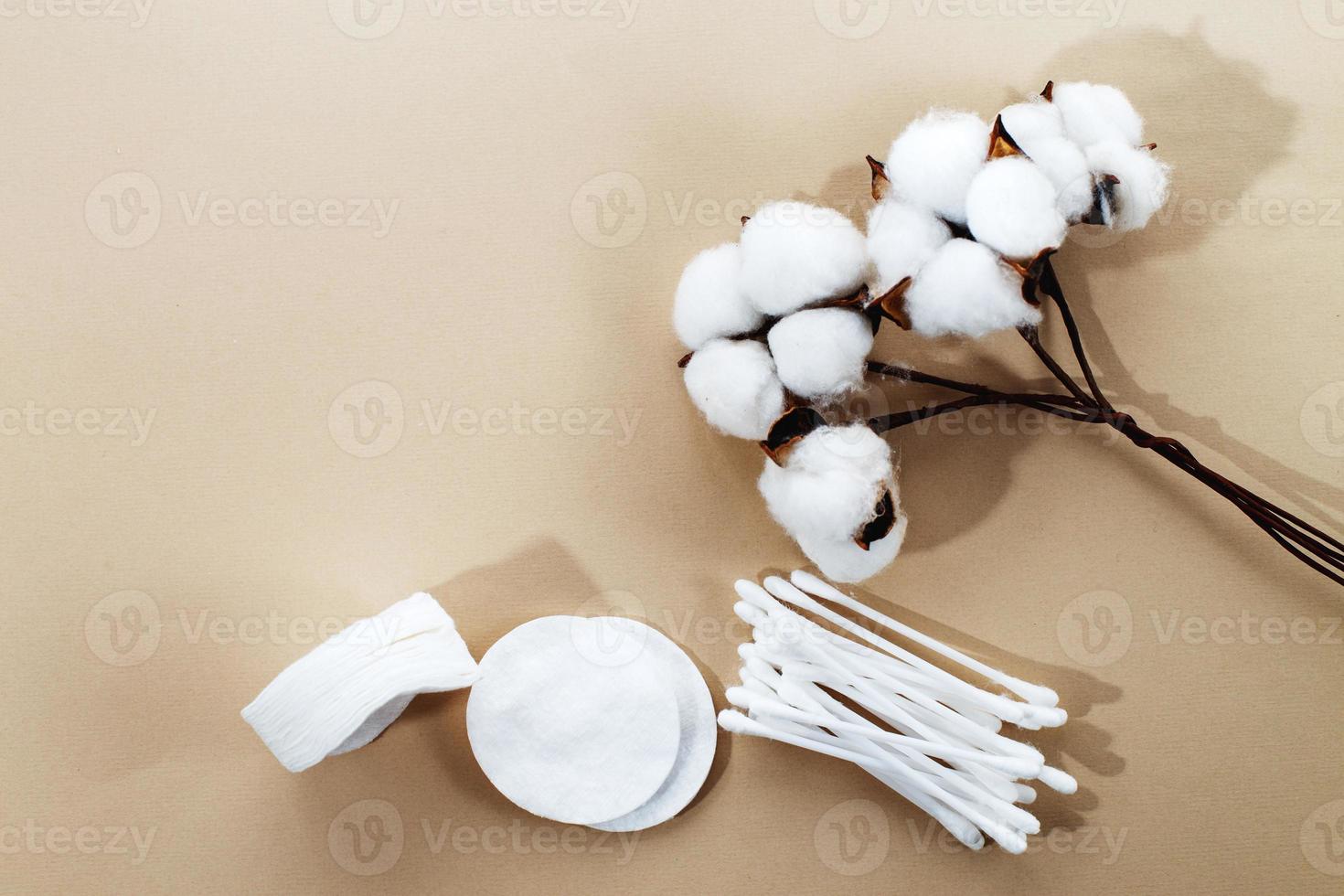 tampons de coton fleur de coton moelleux et cotons-tiges sur fond beige  avec espace de copie. produit jetable hygiénique 14001747 Photo de stock  chez Vecteezy