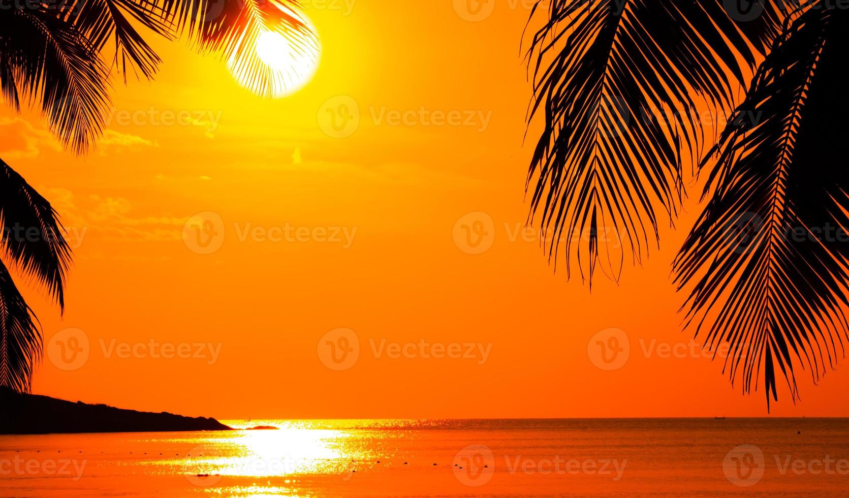 belle plage tropicale au coucher du soleil avec palmier et ciel rose pour les voyages et les vacances en vacances se détendre photo