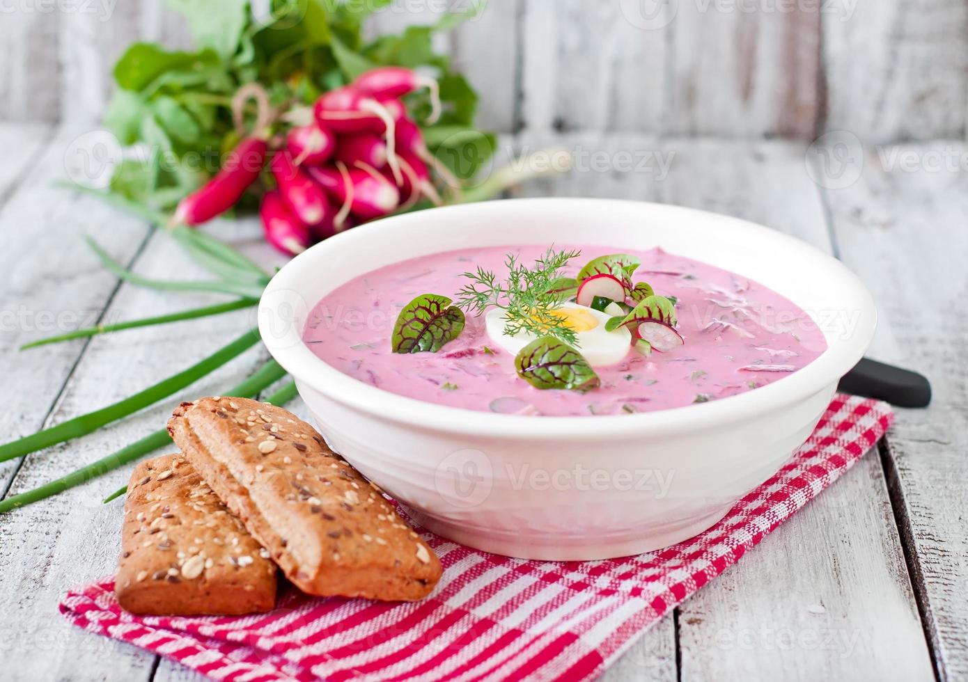 soupe froide de betteraves sur yaourt avec oeuf, radis et concombres photo