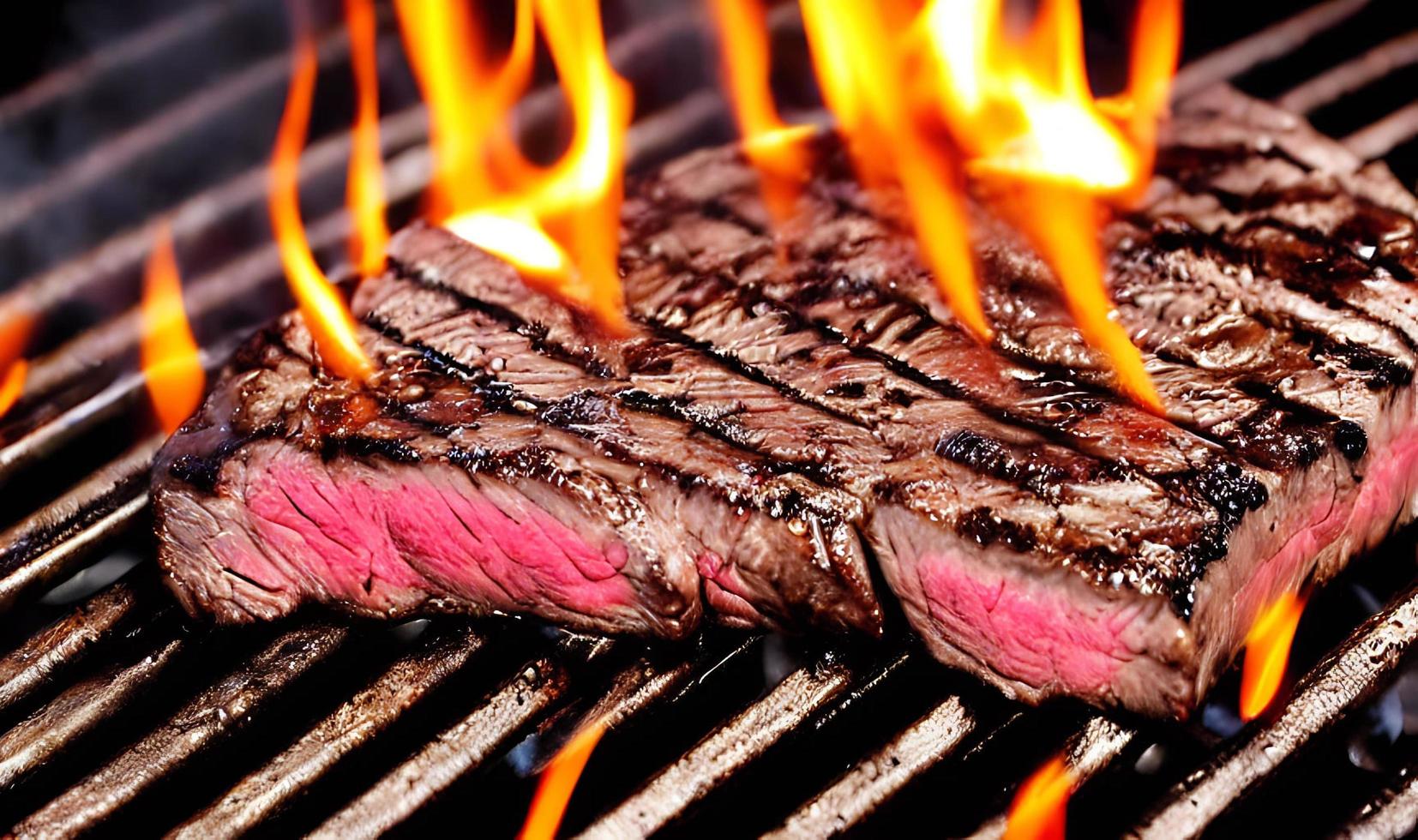 délicieux grillades fraîches gastronomiques sur le gril avec des flammes. photo