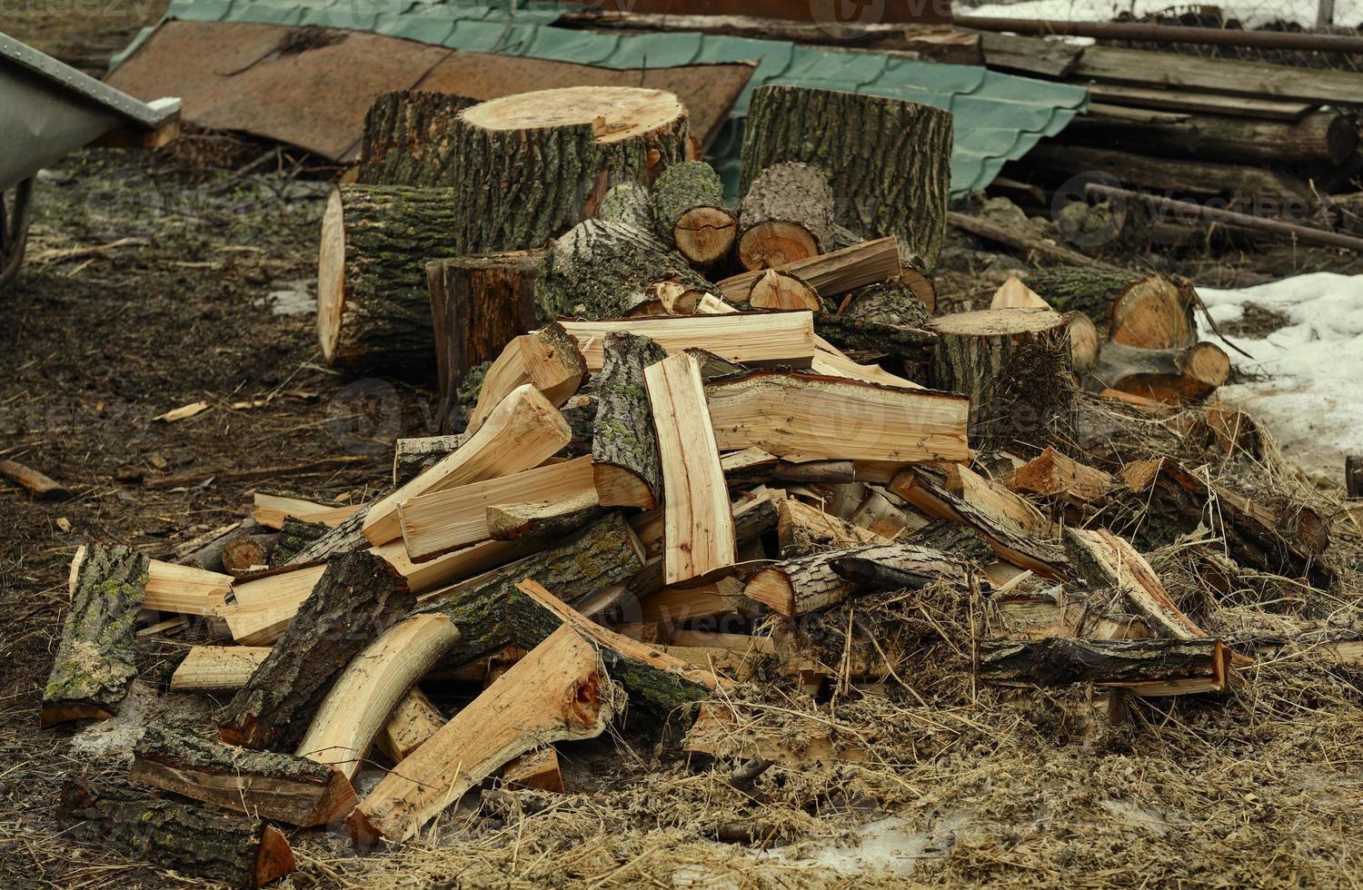 un tas de bois de chauffage sur le sol. texture et fond naturels photo