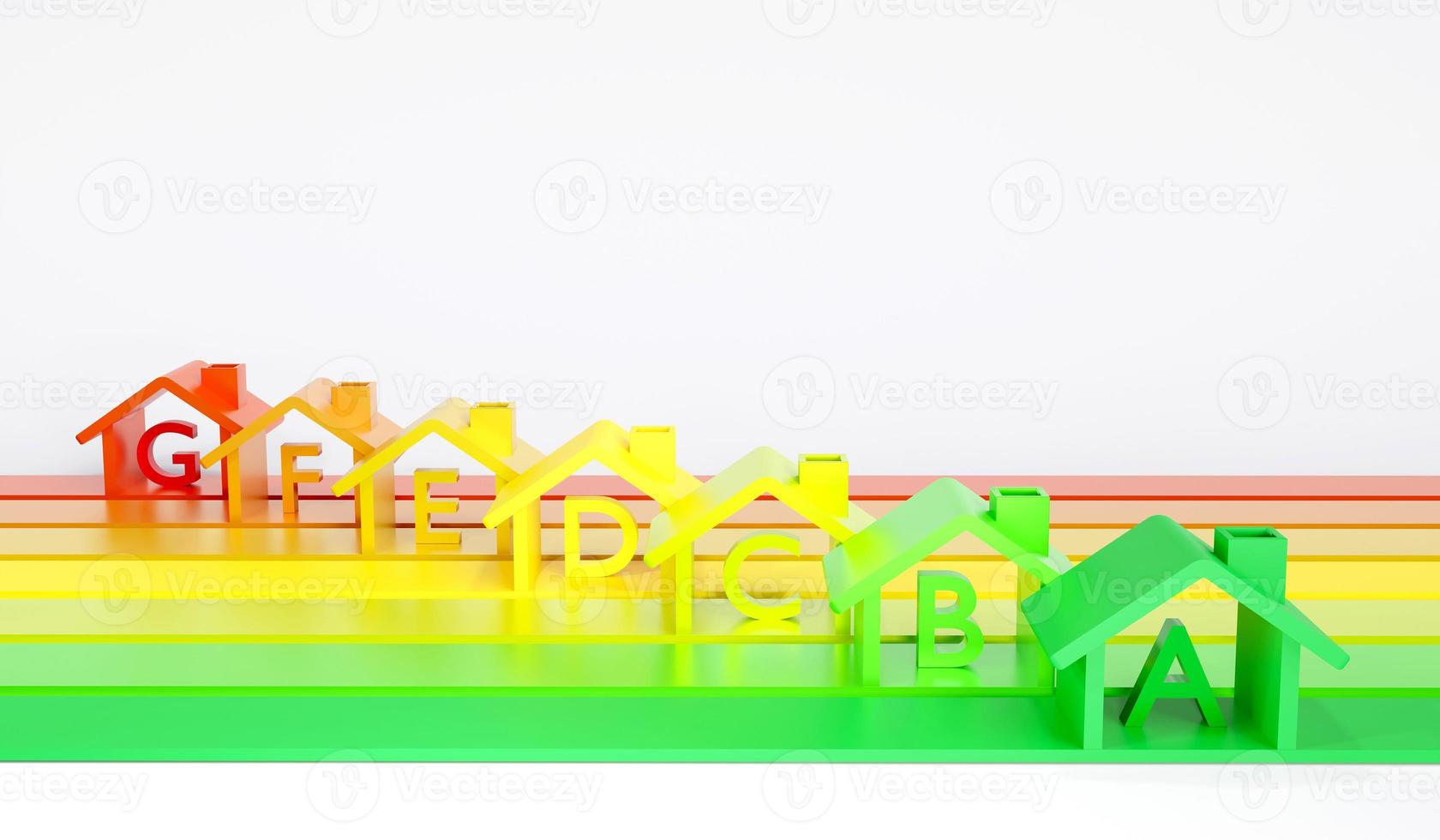 l'icône de la maison montre l'échelle de couleurs sur fond blanc. certification classe d'efficacité énergétique domestique. amélioration de la maison écologique, indice d'efficacité domestique à faible consommation d'énergie pour économiser de l'argent. illustration de rendu 3d photo