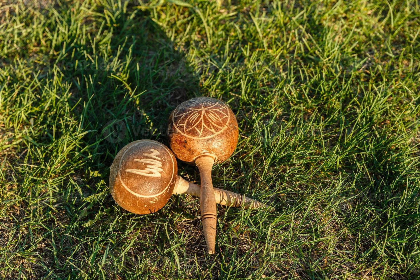 les maracas cubains se trouvent sur l'herbe verte. instrument de musique traditionnel. photo