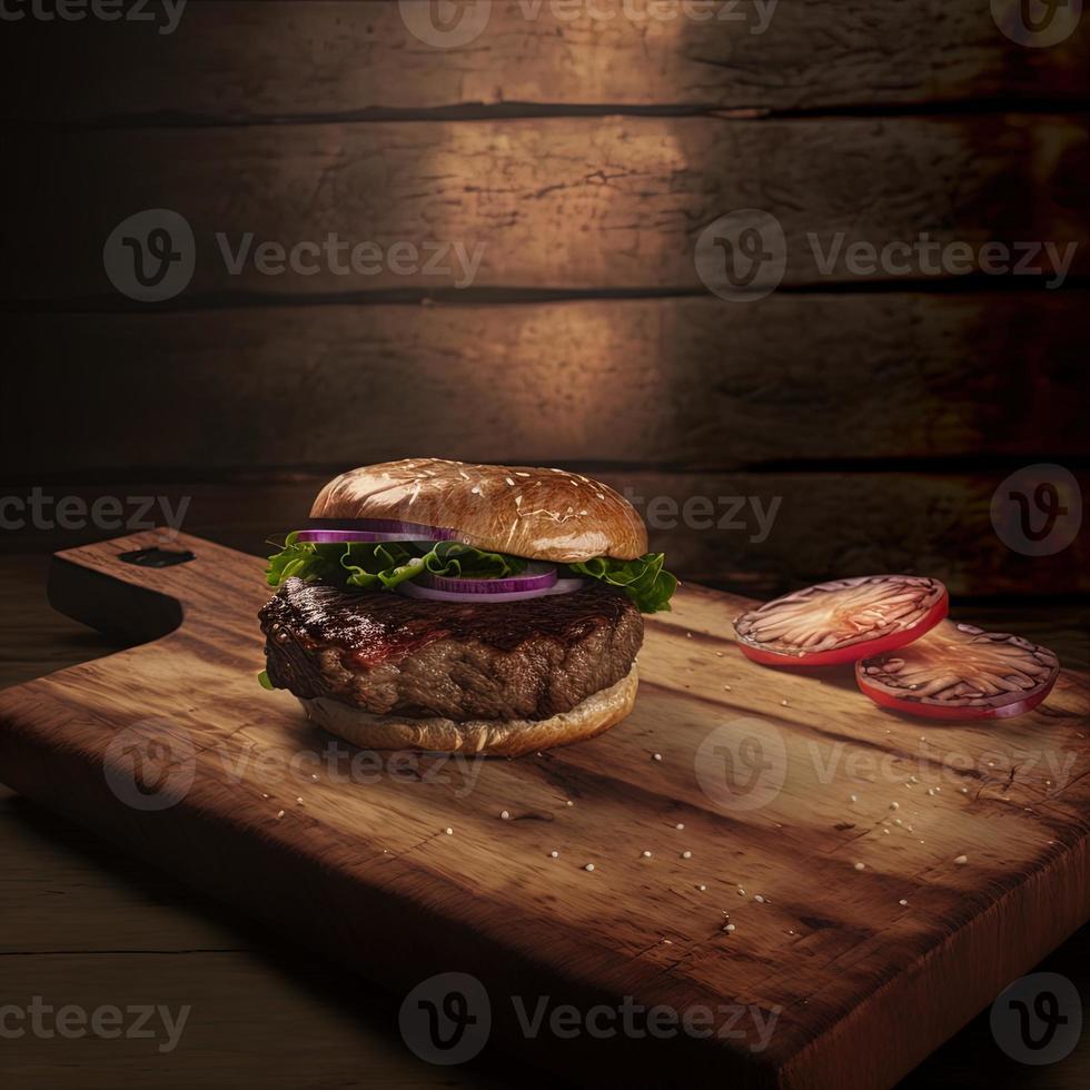délicieux steakburger fait maison sur une vieille table en bois. gros plan d'aliments gras malsains. photo