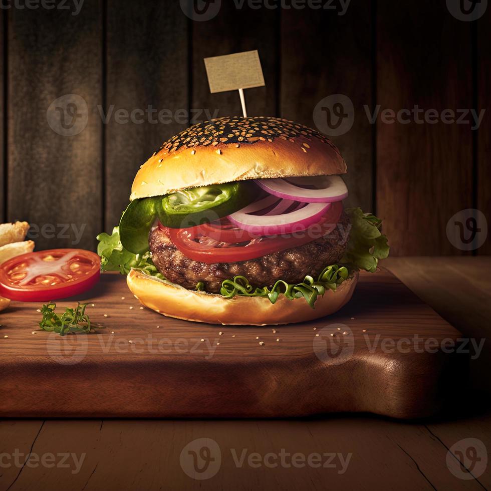 délicieux steakburger fait maison sur une vieille table en bois. gros plan d'aliments gras malsains. photo