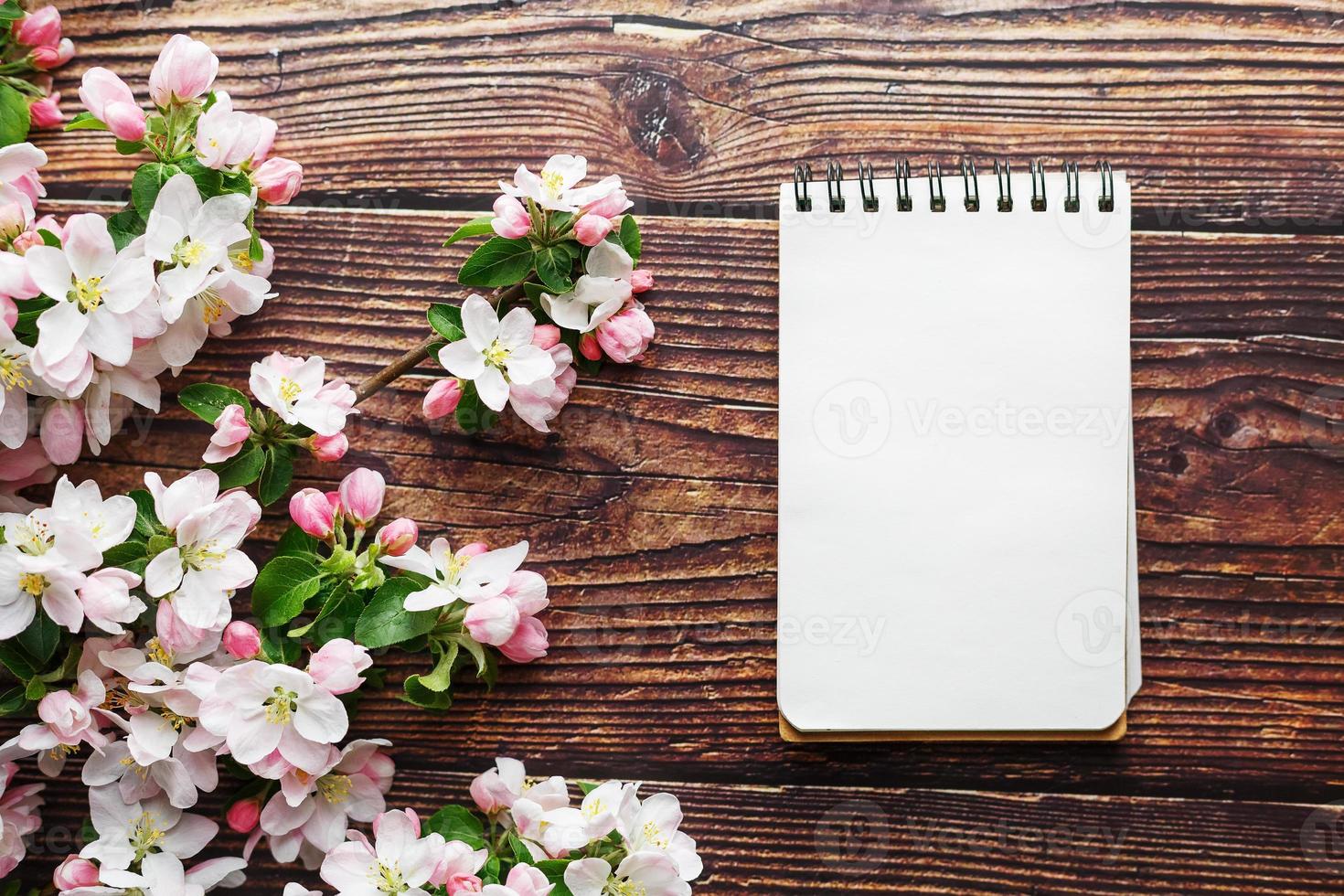 fleurs de sakura sur un fond en bois rustique foncé avec un cahier. fond de printemps avec des branches d'abricot en fleurs et des branches de cerisier photo