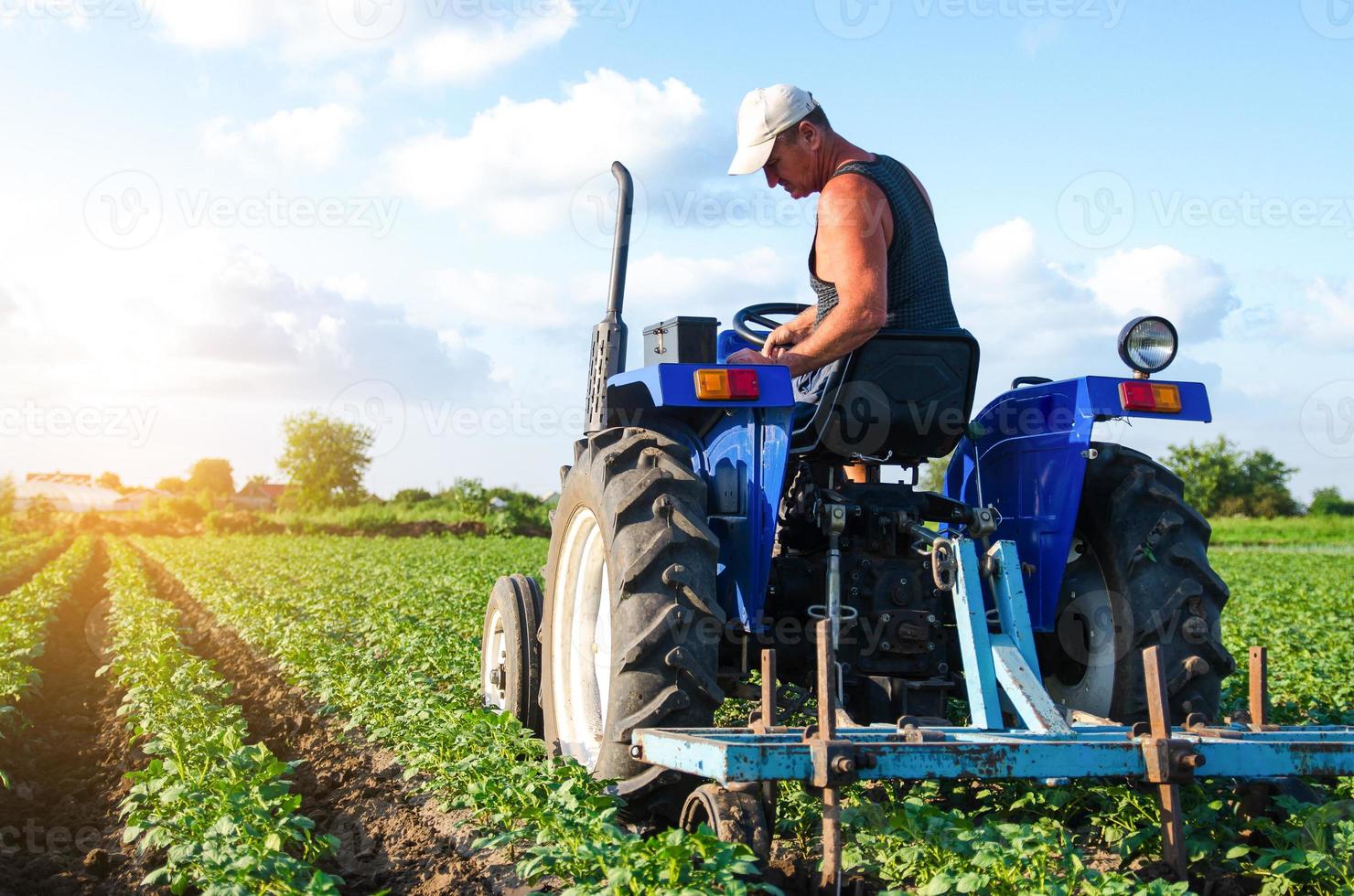 un agriculteur sur un tracteur travaille dans le champ. un ouvrier agricole laboure le sol d'une plantation. machines agricoles. soin des cultures. labourer et ameublir la terre. l'agro-industrie et l'agro-industrie. paysage agricole photo