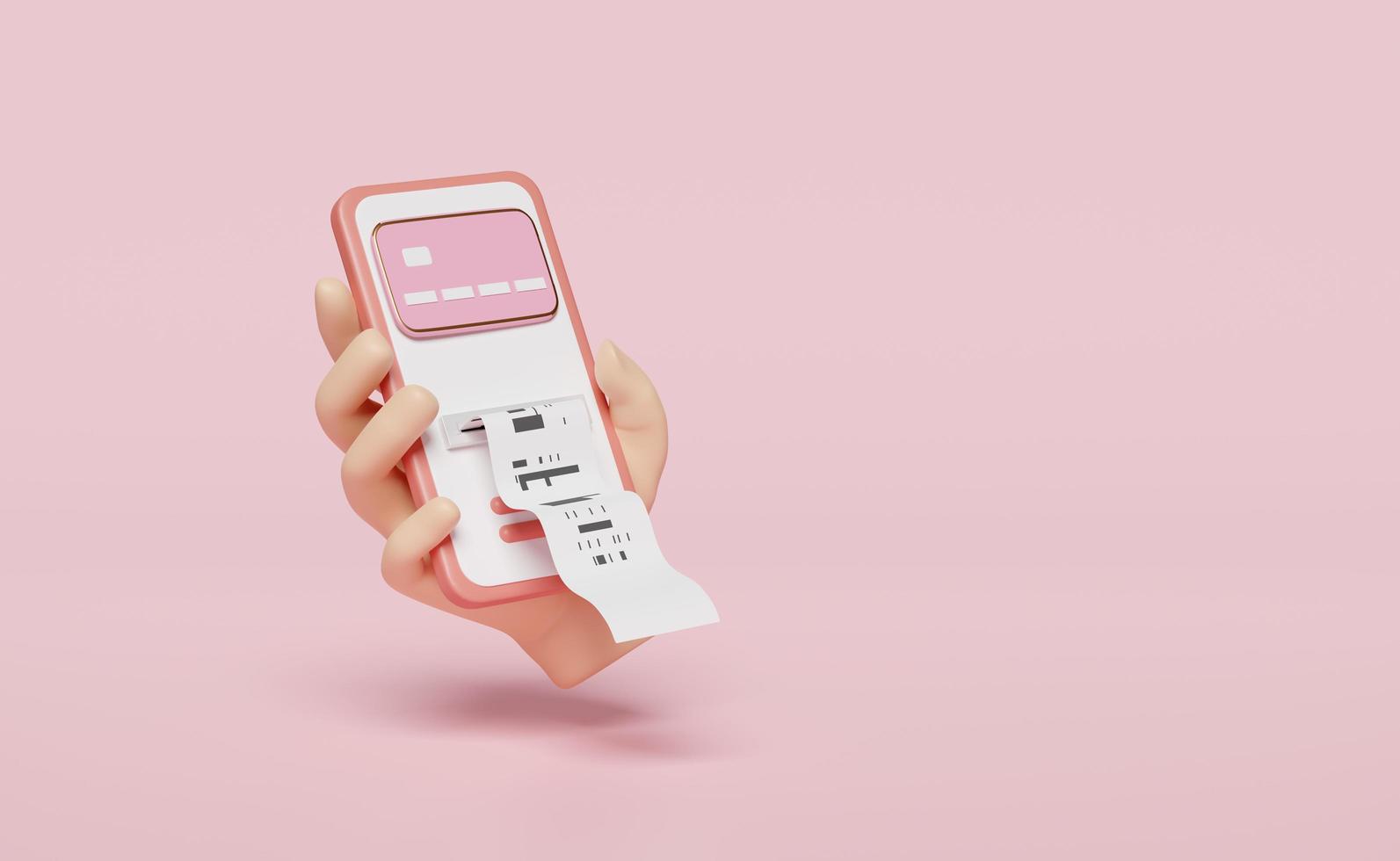 Les mains 3d tiennent un téléphone portable, un smartphone avec carte de crédit, une facture, un reçu papier, un paiement électronique de facture isolé sur fond rose. concept d'économie d'argent, illustration de rendu 3d photo