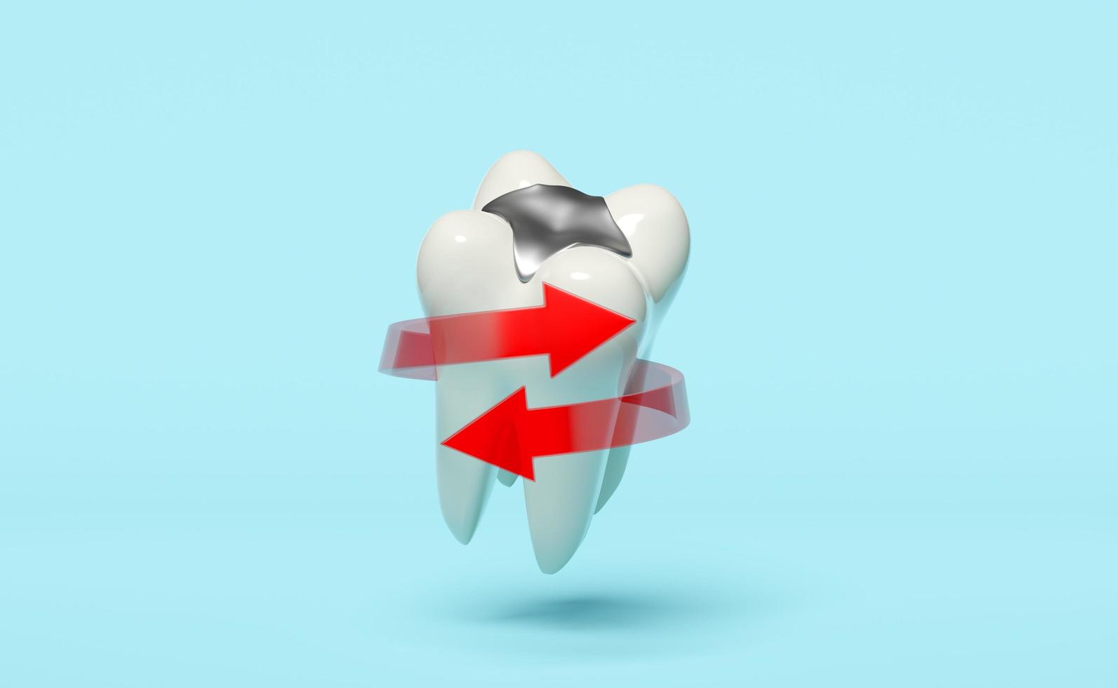 modèle de dents molaires dentaires icône 3d avec flèche en spirale rouge, matériau de remplissage isolé sur fond bleu. examen dentaire du dentiste, protection des dents, illustration de rendu 3d photo