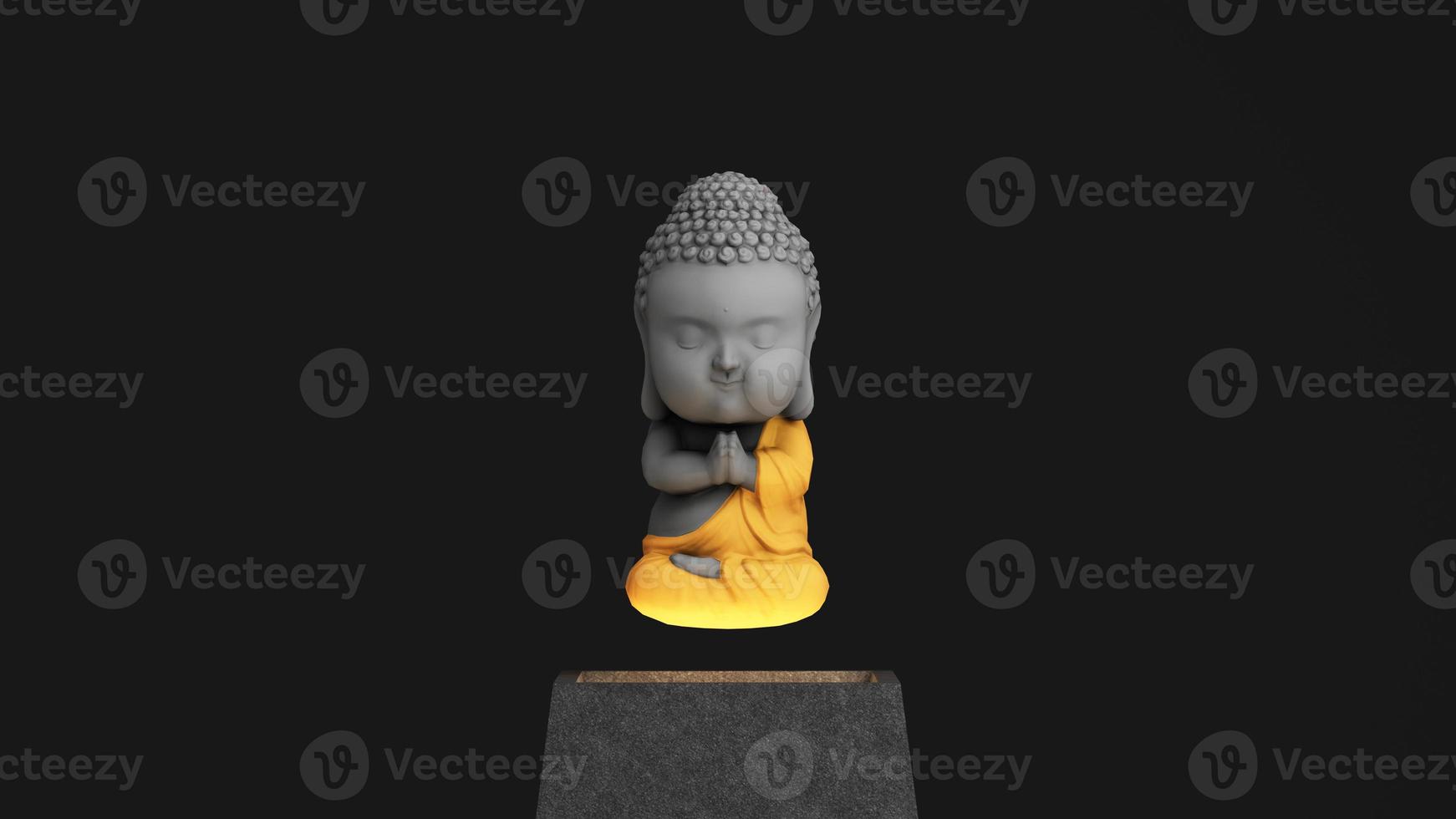 caricature de bouddha dans un visage souriant qui semblait calme et gentil flottant sur un piédestal brillant de lumière sur fond noir. rendu 3d photo