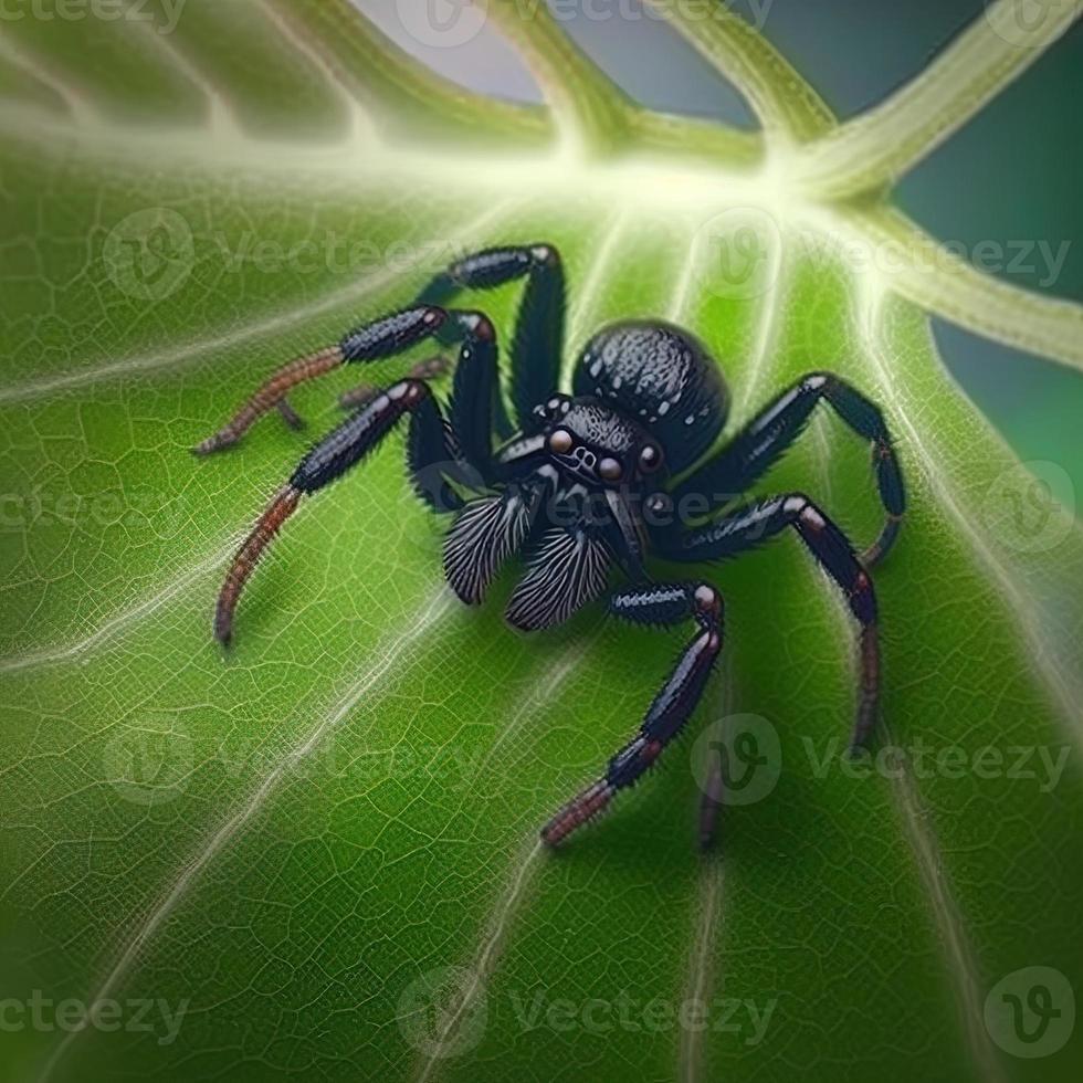 Araignée mignonne de couleur noire sur le dessus d'une feuille photo