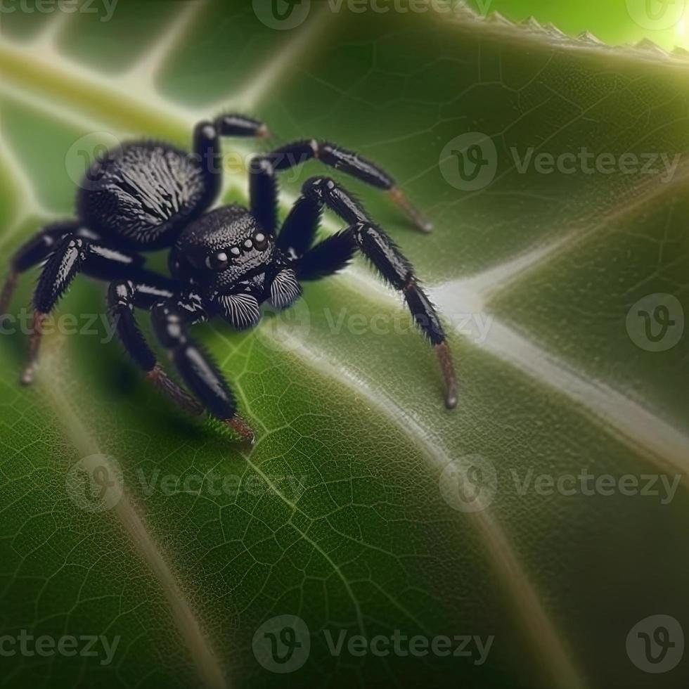 Araignée mignonne de couleur noire sur le dessus d'une feuille photo