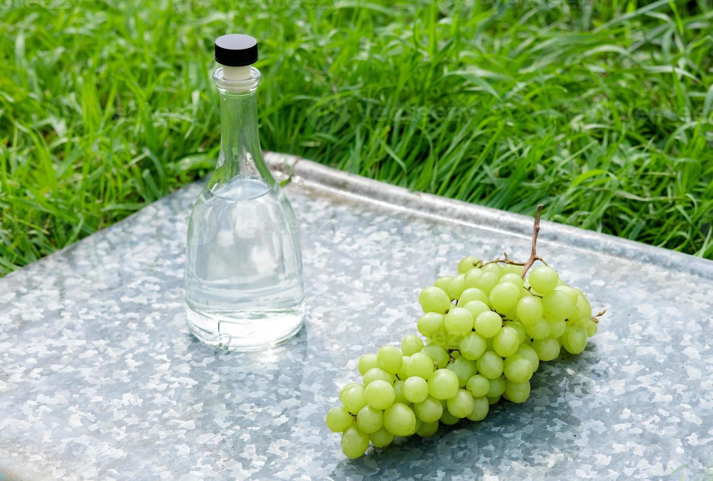 bouteille de vin blanc, verre, jeune vigne et grappe de raisin sur fond vert sur un plateau. boisson aux raisins d'été photo