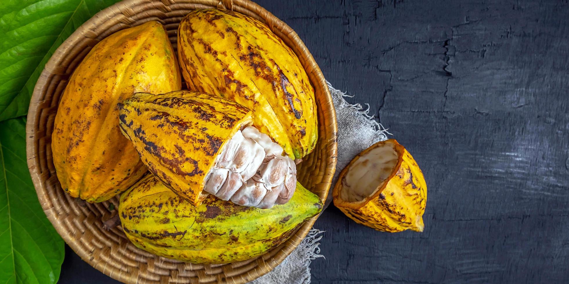 vue de dessus gousse de cacao jaune mûre fraîche et fruit de cacao demi-coupé ouvert sur panier en bambou photo