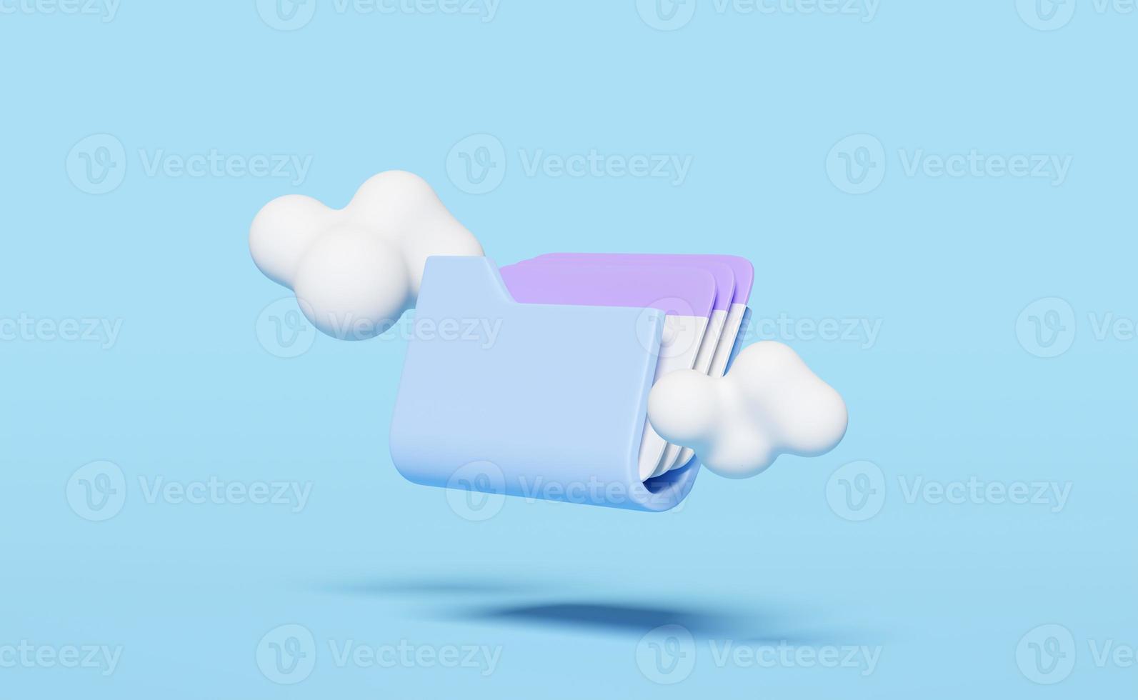 icône de dossier 3d avec nuage isolé sur fond bleu. téléchargement de stockage, transfert de données, réseau de connexion au centre de données, concept minimal, illustration de rendu 3d photo