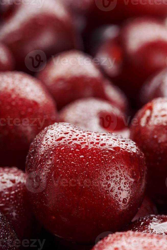 baies mûres et fraîches d'une cerise douce avec des gouttes d'eau en gros plan. photo