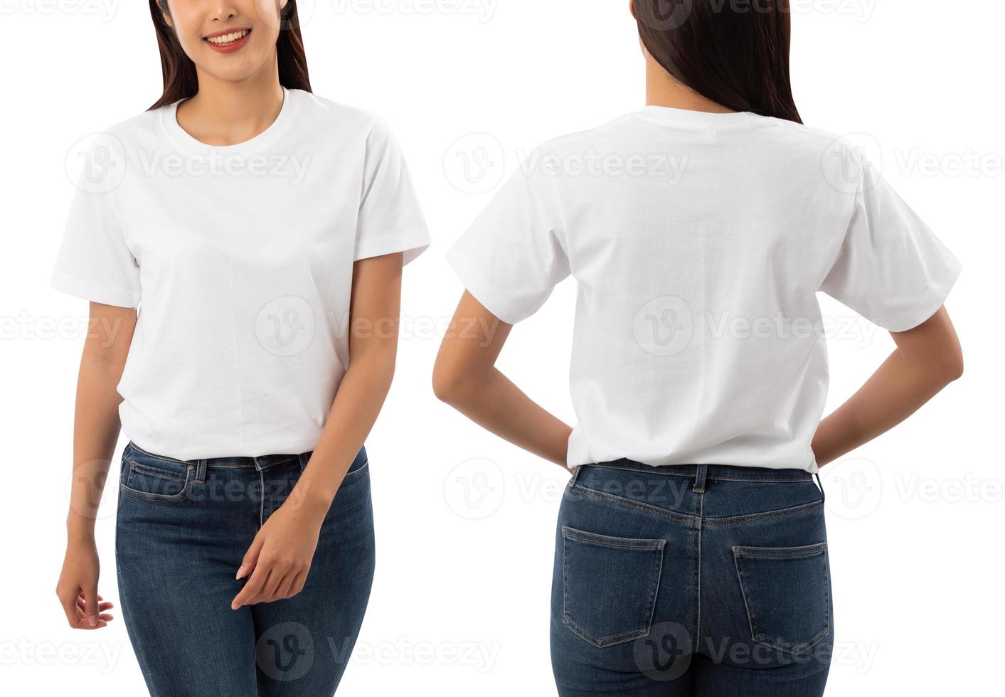 jeune femme en maquette de t-shirt blanc isolé sur fond blanc avec un tracé de détourage photo
