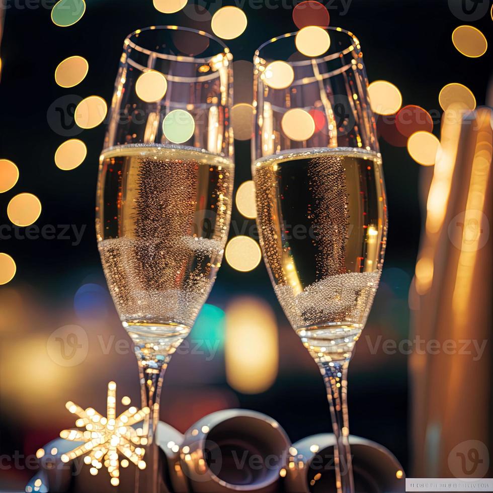 verres de champagne contre les lumières de Noël et les feux d'artifice du nouvel an photo