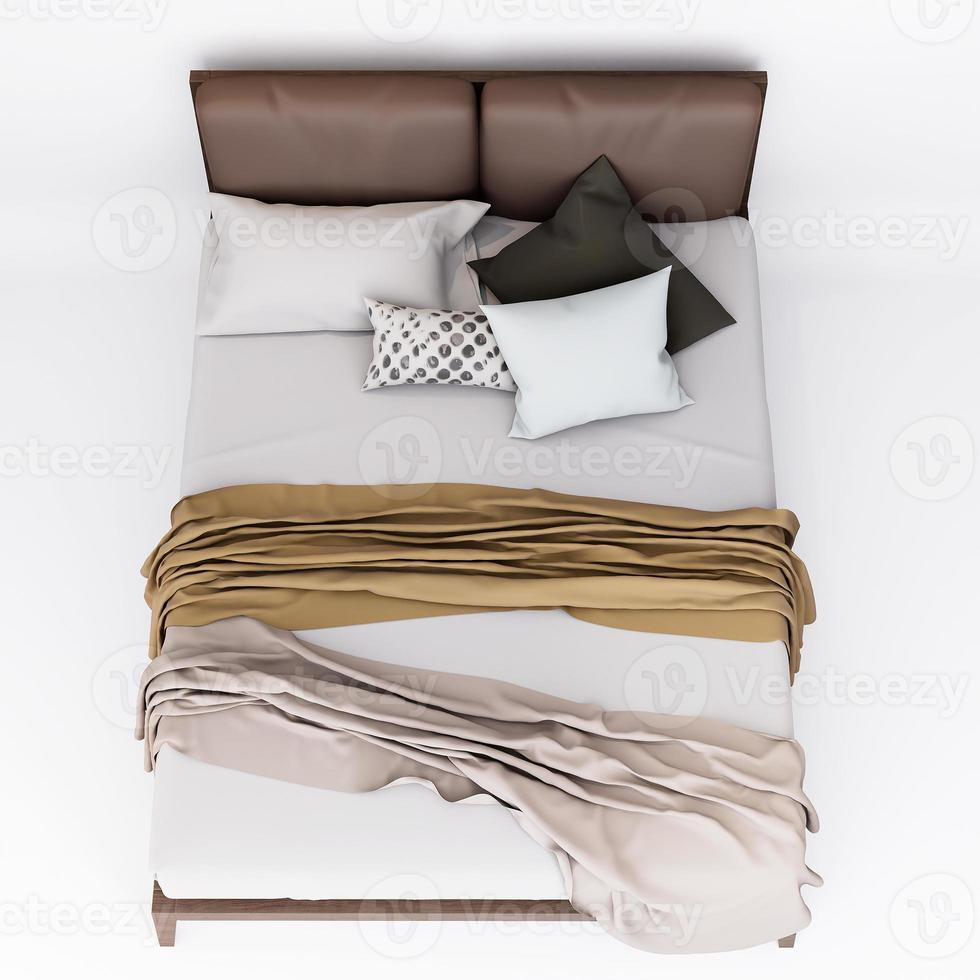 Vue de dessus de meubles 3d lit double moderne isolé sur fond blanc avec un tracé de détourage, design de décoration pour la chambre photo