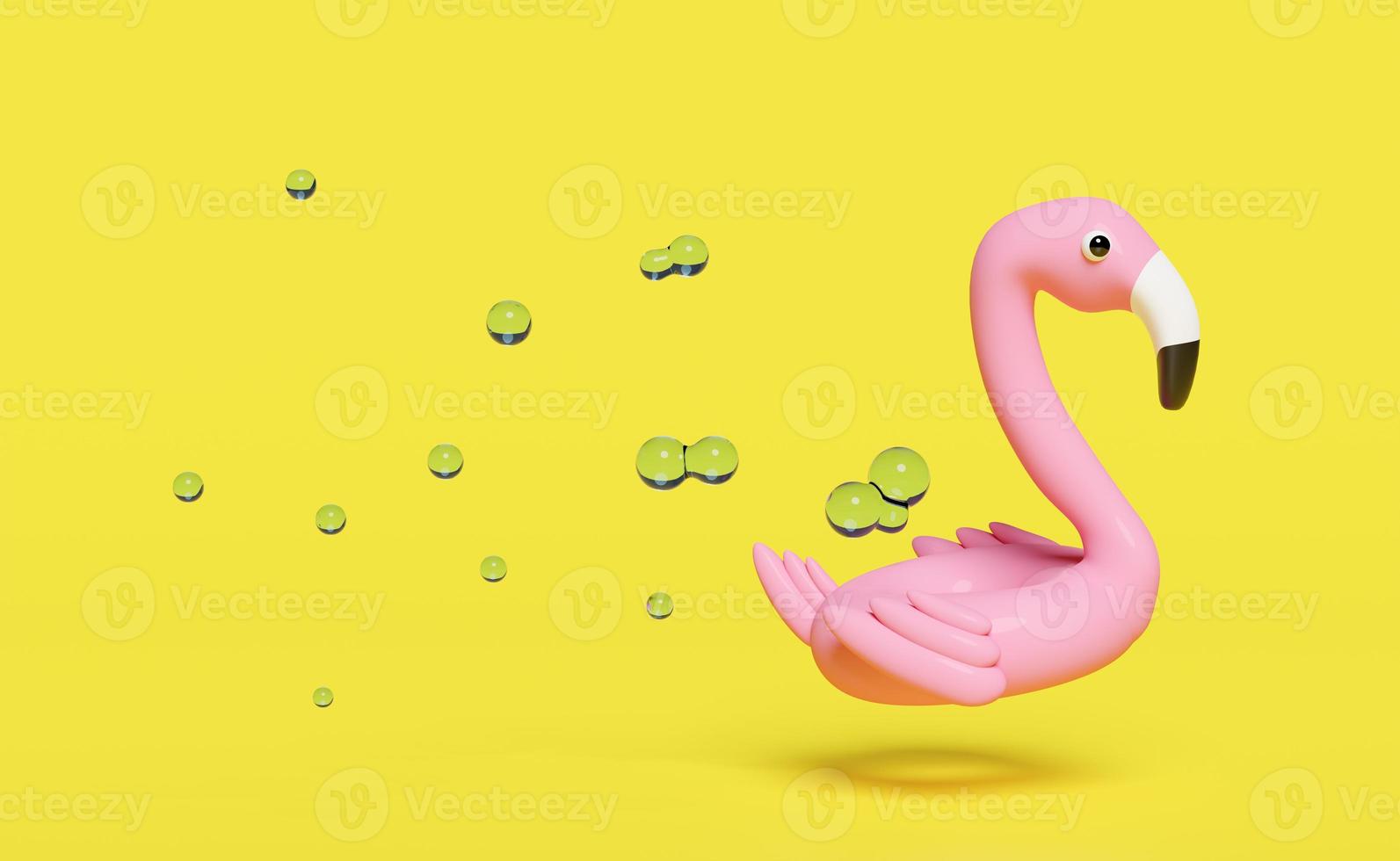 Flamant rose gonflable 3d avec éclaboussures d'eau, espace de copie isolé sur fond jaune. illustration de rendu 3d photo