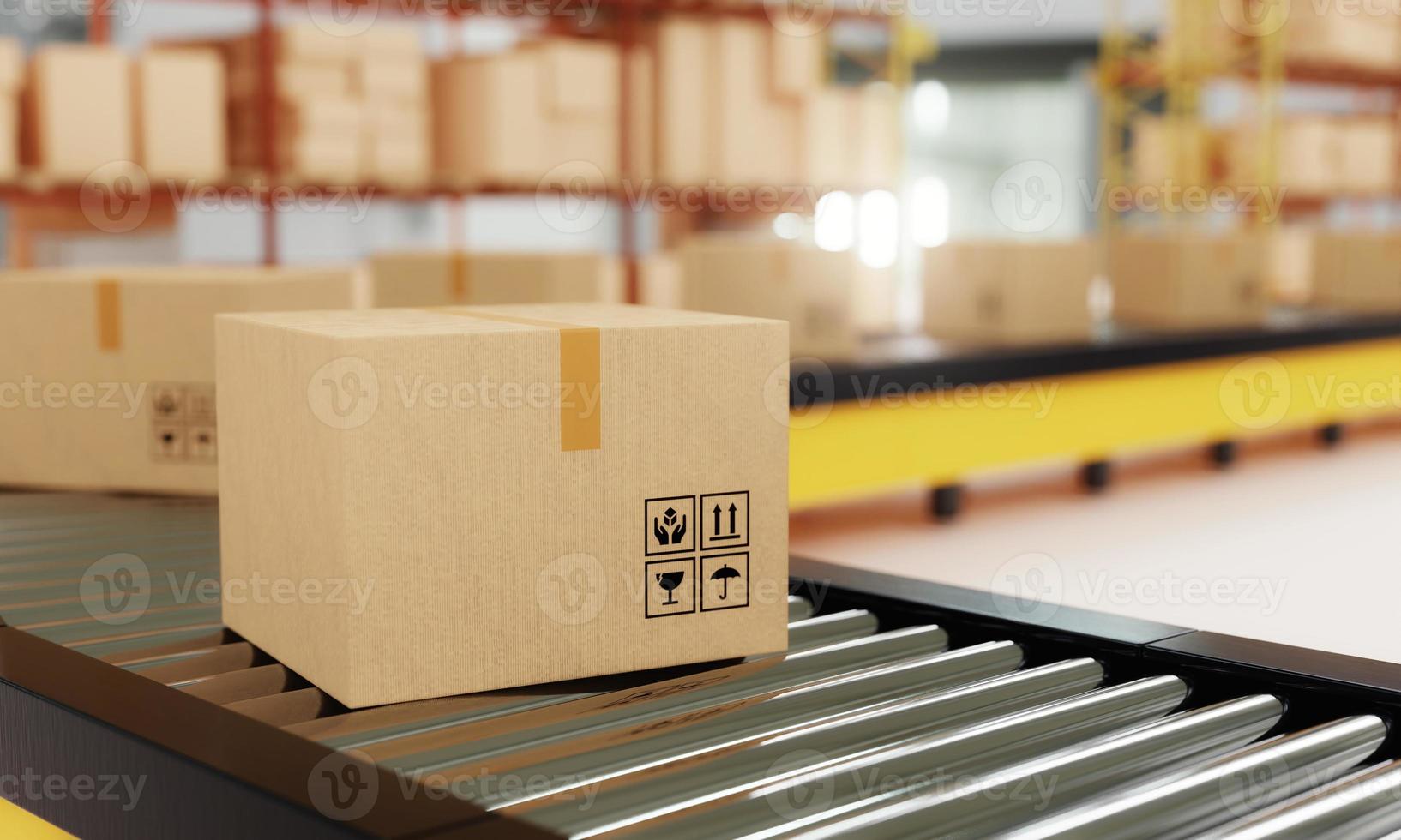 gros plan de boîtes en carton sur convoyeur à rouleaux avec fond d'entrepôt de stockage. logistique d'entreprise et concept de transport de commerce électronique. rendu 3d photo