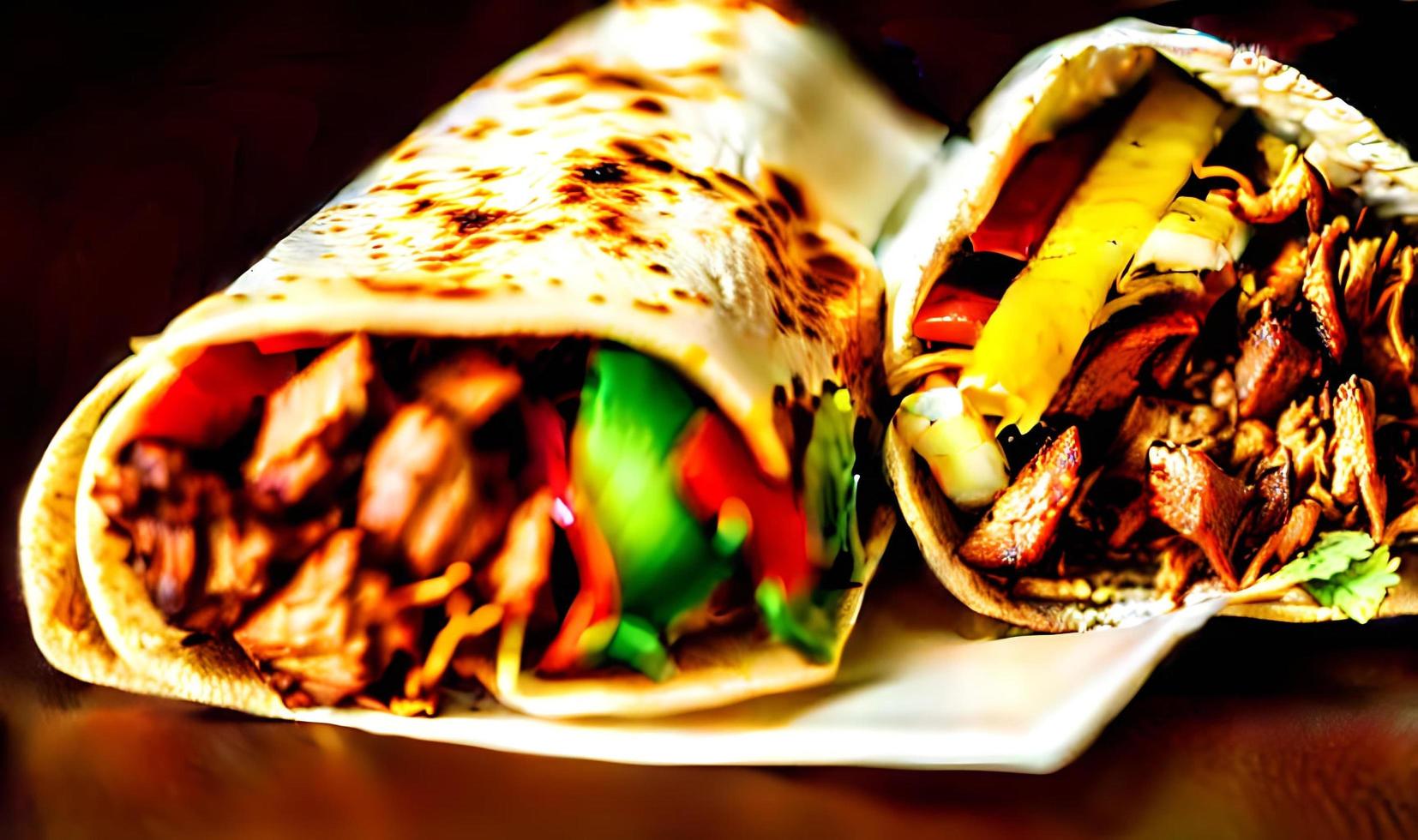 chawarma. doner kebab, légumes frais et viande. sandwich kebab se bouchent. photo