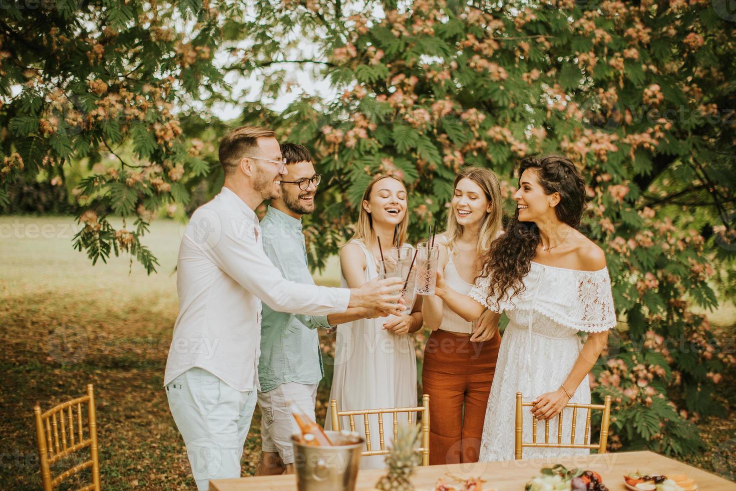 groupe de jeunes heureux acclamant avec de la limonade fraîche et mangeant des fruits dans le jardin photo