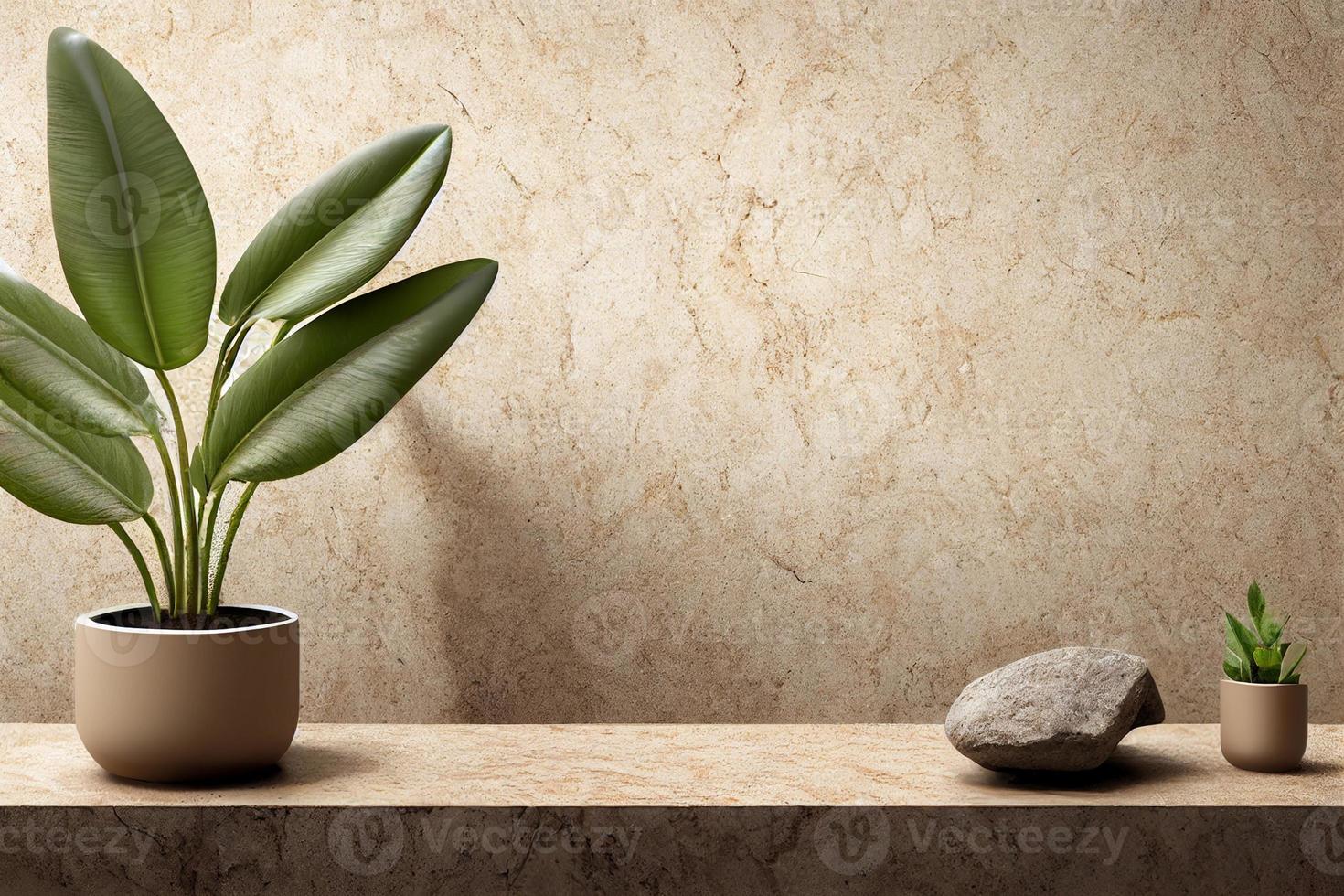 podium en pierre naturelle avec plante verte sur fond nude, beige, flic minimal photo