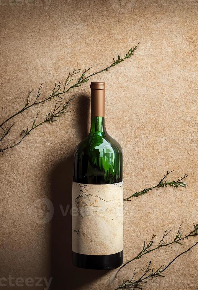 bouteille de vin à décor végétal sur fond de pierre naturelle. produit présent photo