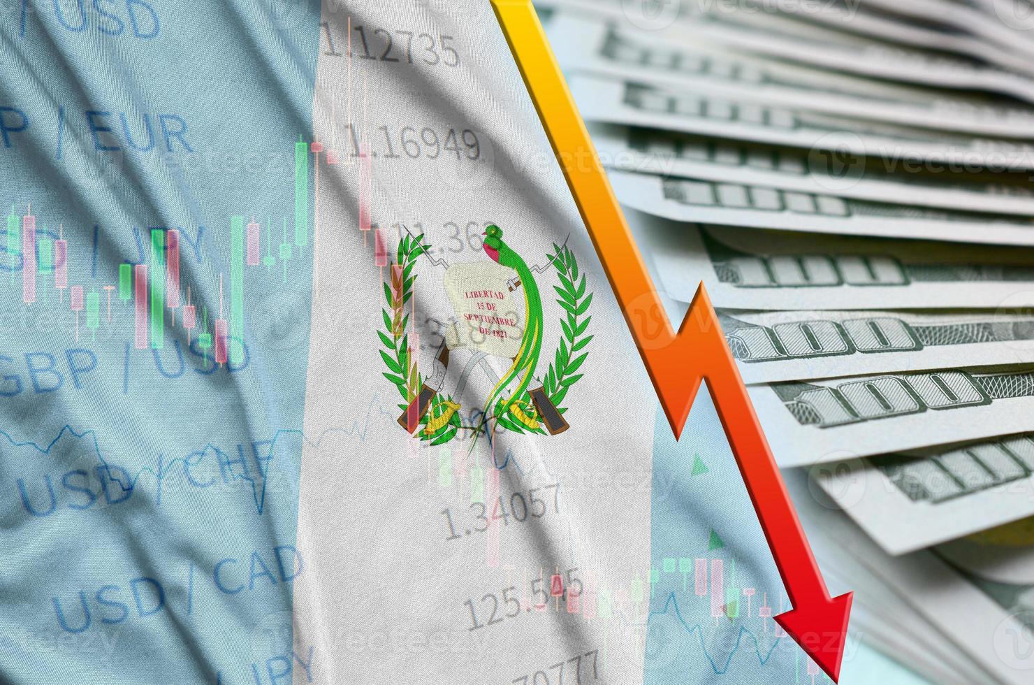 drapeau du guatemala et graphique en baisse position du dollar américain avec un fan de billets d'un dollar photo