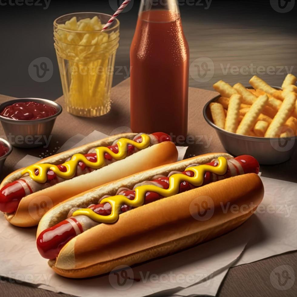 hot-dogs avec ketchup, moutarde jaune, frites et soda. photo