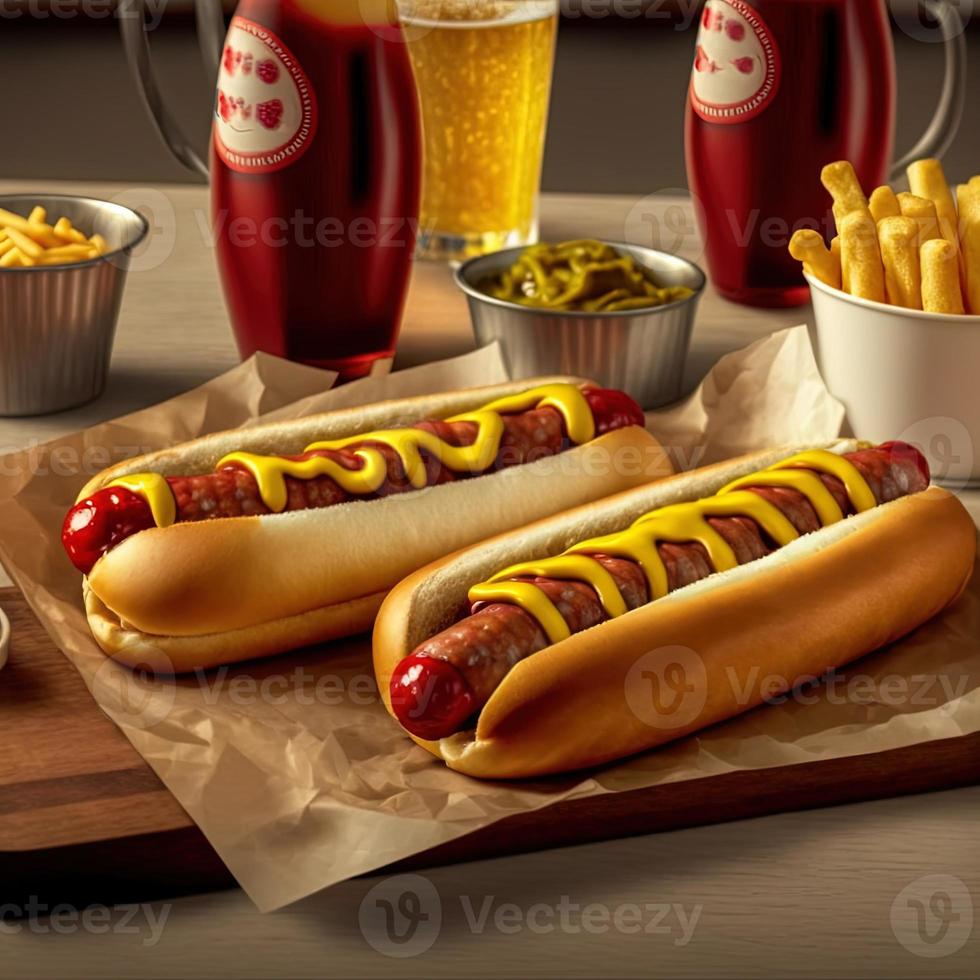 hot-dogs avec ketchup, moutarde jaune, frites et soda. photo