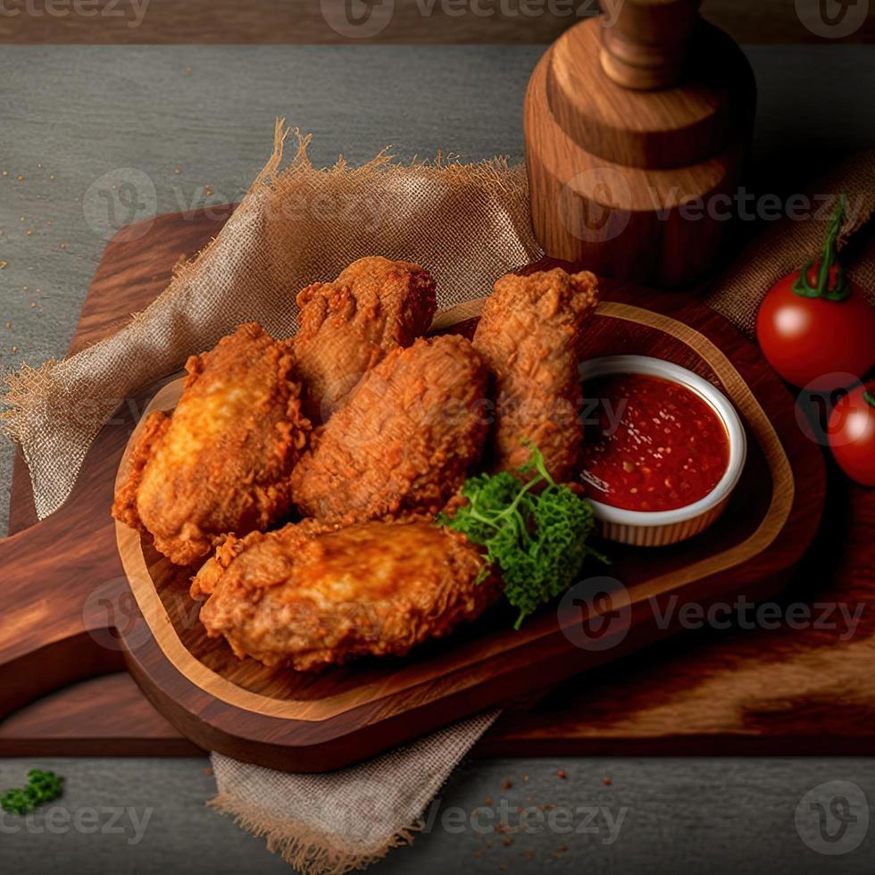 poulet frit croustillant sur une assiette en bois avec sauce tomate photo