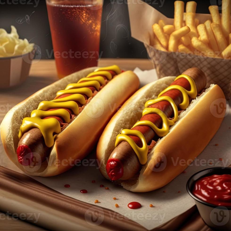 hot-dogs avec ketchup, moutarde jaune, frites et soda. photo