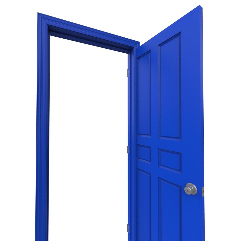 ouvrir la porte bleue isolée fermée le rendu d'illustration 3d photo