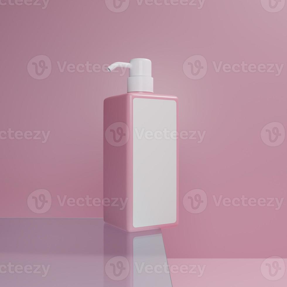 Bouteille de pompe à tête de lotion rose de rendu 3d avec étiquette blanche sur fond rose photo