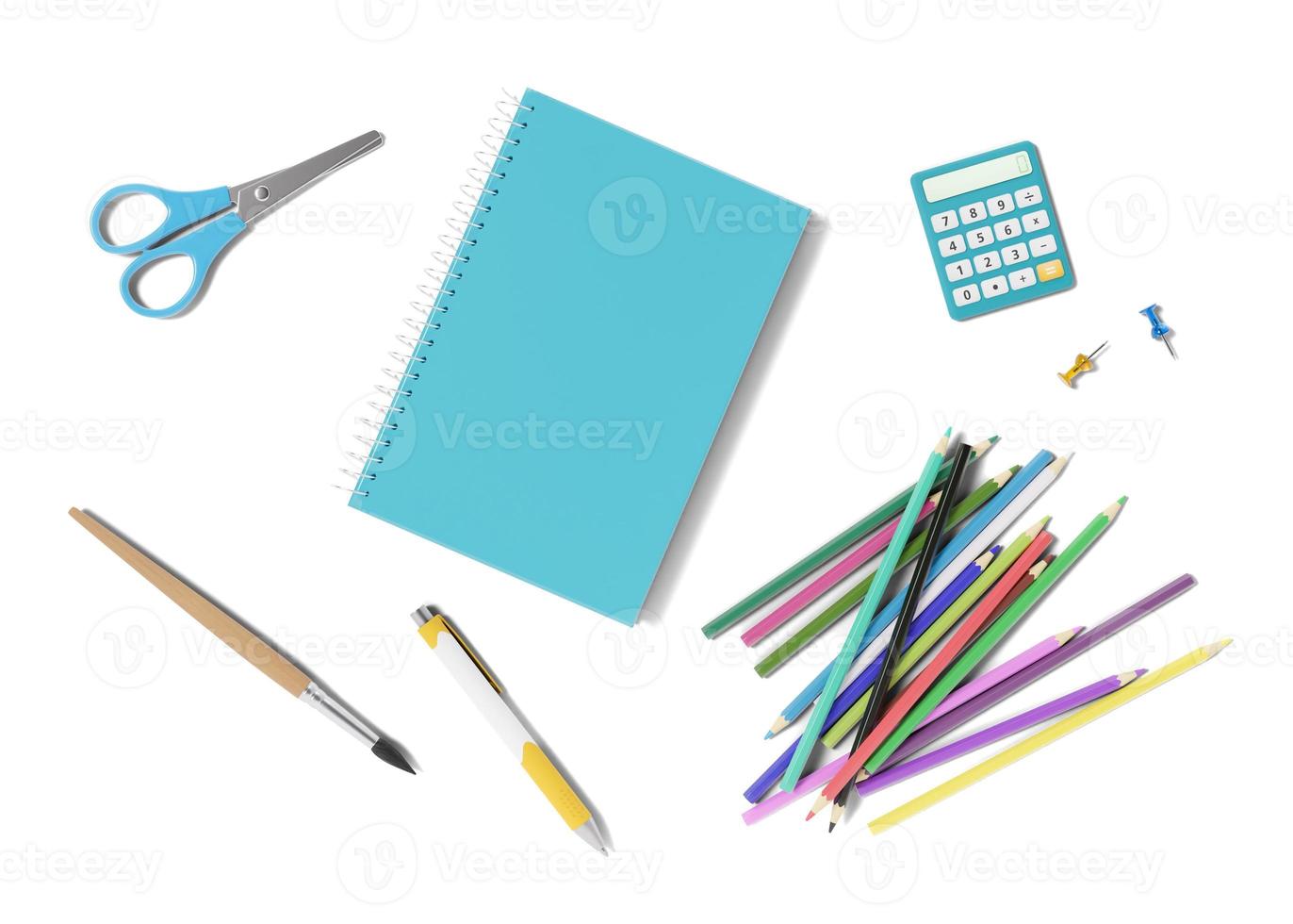 articles de papeterie scolaire isolés sur fond blanc. fournitures scolaires avec ombres, découpées. vue de dessus, mise à plat. stylo, crayons, calculatrice, ciseaux, cahier, pinceau. rendu 3d. photo