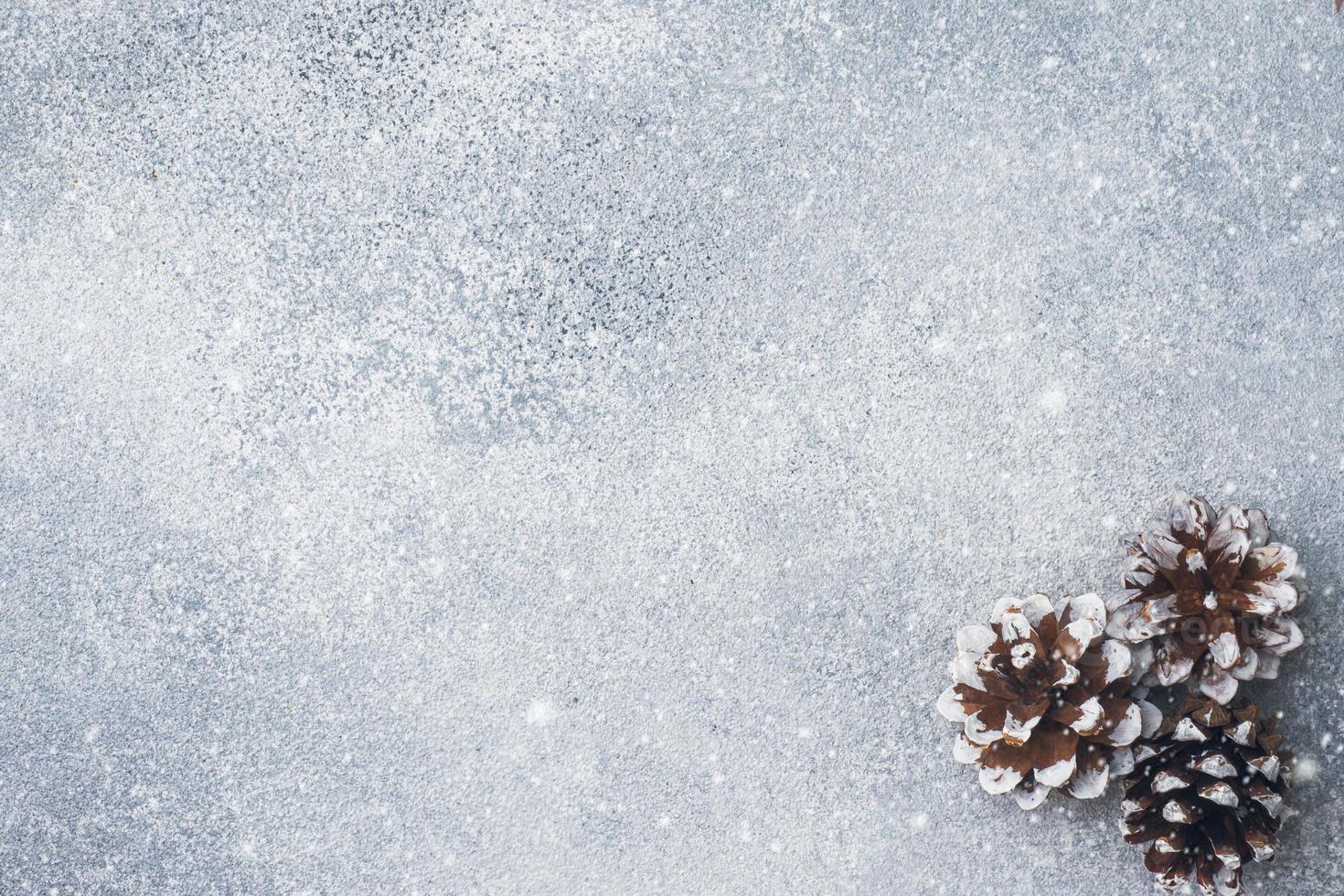 pommes de pin sur fond gris avec effet de chute de neige. sous-texte de texture. photo