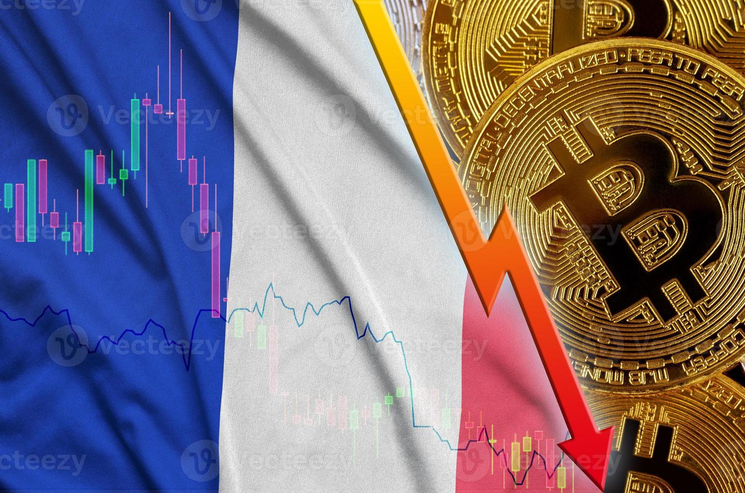 drapeau france et tendance à la baisse de la crypto-monnaie avec de nombreux bitcoins dorés photo