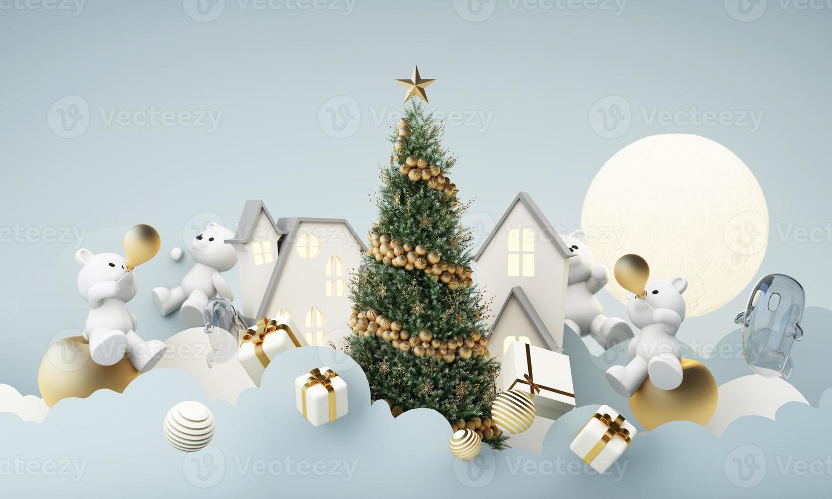 bonne année et joyeux noël rue de la vieille ville d'hiver. pleine lune et entouré de nuages sapin de noël et un coffret cadeau doré avec ours polaire. composition lumineuse de vacances d'hiver. rendu 3d photo