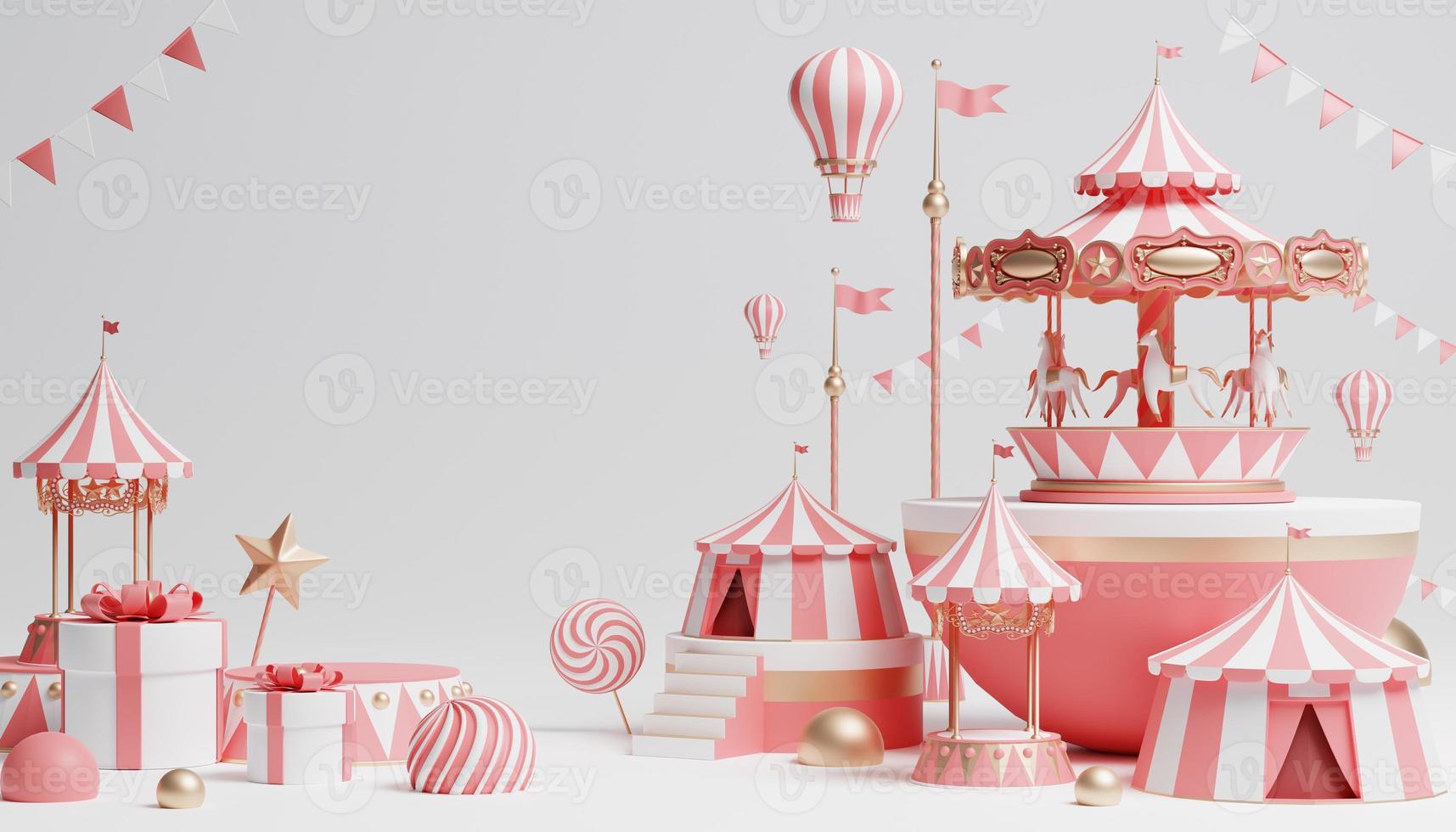 Podium de carnaval 3d avec de nombreux manèges et boutiques chapiteau de cirque illustration 3d photo