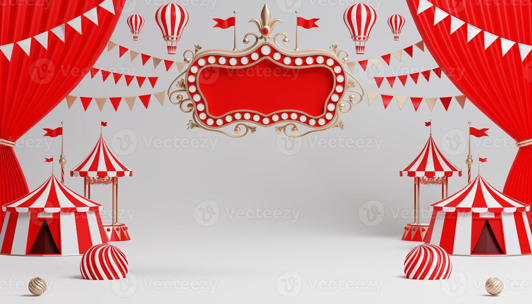 Podium de carnaval 3d avec de nombreux manèges et boutiques chapiteau de cirque illustration 3d photo