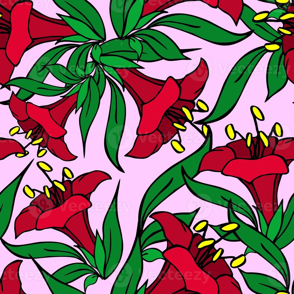 motif graphique asymétrique harmonieux de fleurs rouges sur fond rose, texter, design photo