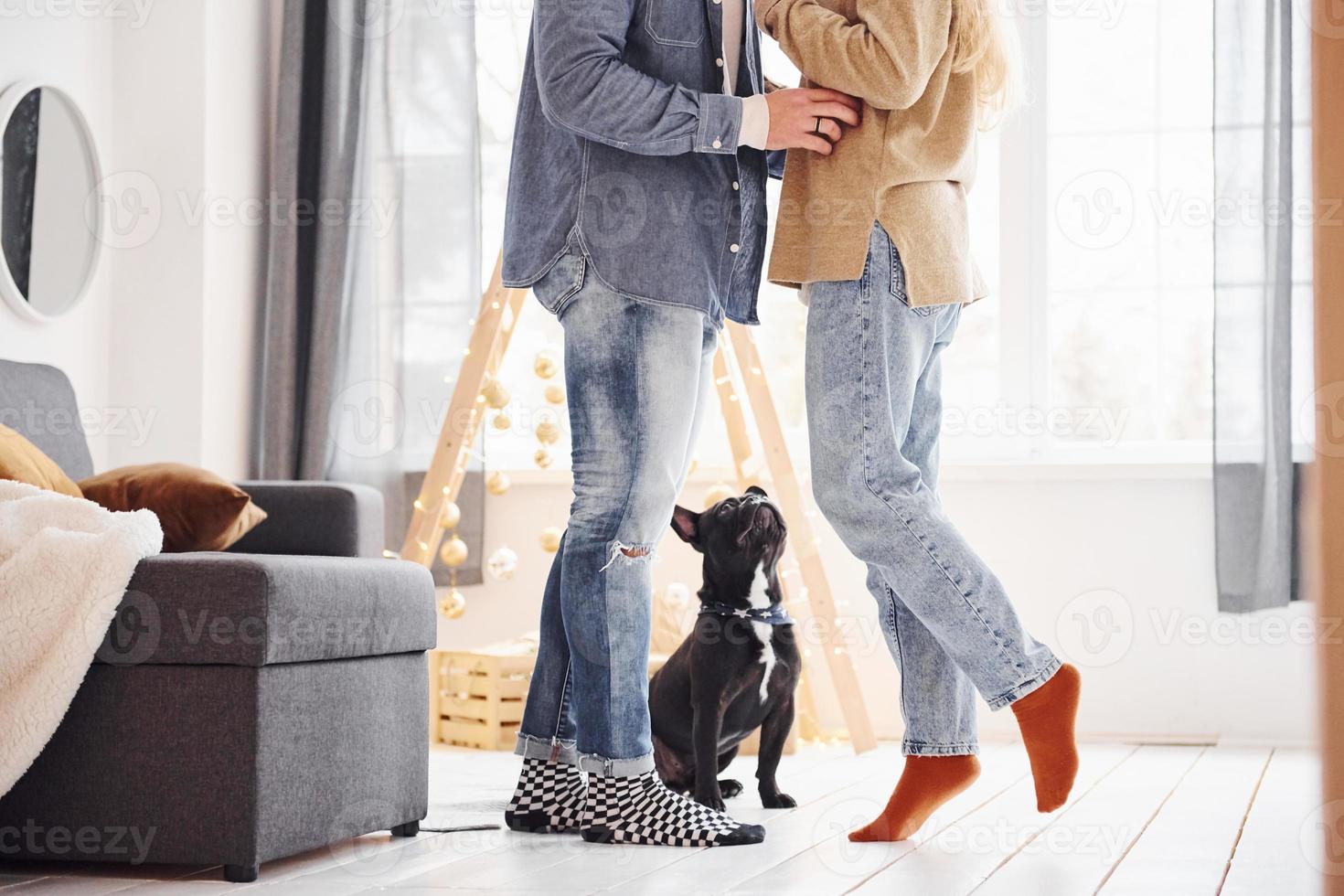 heureux jeune couple moderne debout à la maison avec leur chien mignon photo