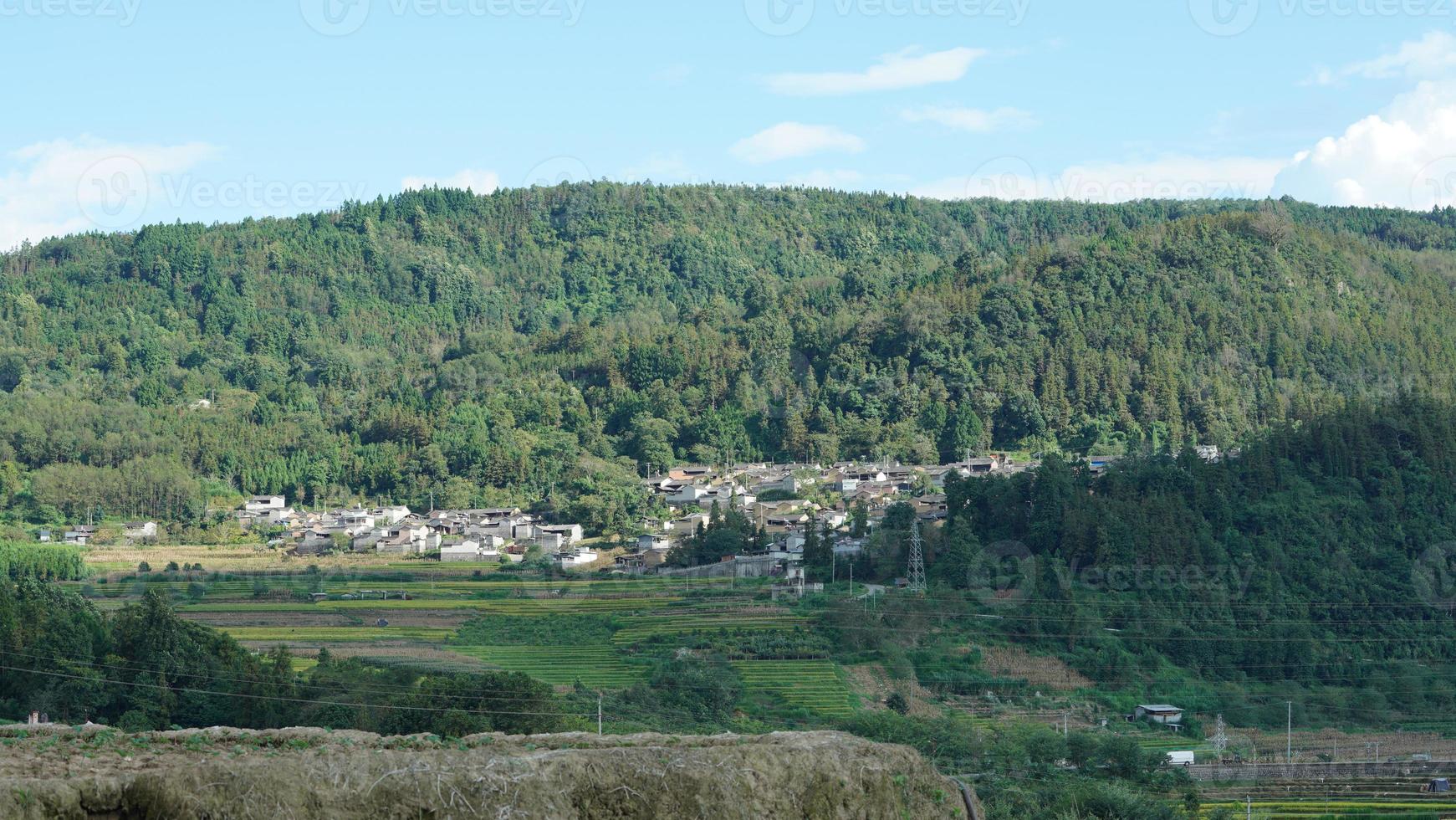 la vue sur le champ de riz jaune de récolte situé dans la vallée parmi les montagnes avec le ciel nuageux en arrière-plan photo