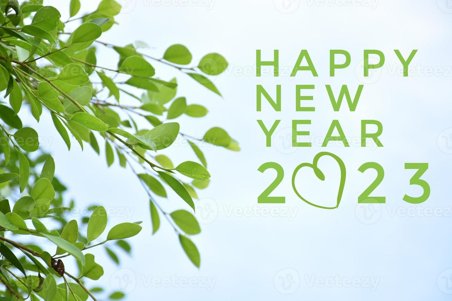 'bonne année 2023' en vert avec des branches et des feuilles de ficus, concept de carte d'invitation de voeux et bonne année 2023, vie heureuse. photo